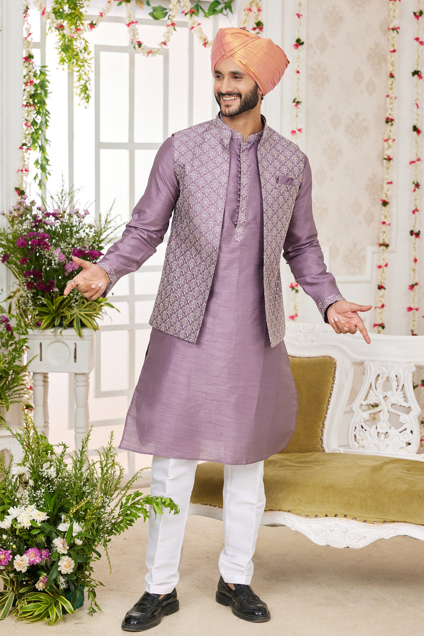 Purple Banarasi Silk Kurta Pajama With Jacket-SAR11407_1_SareeButa.com