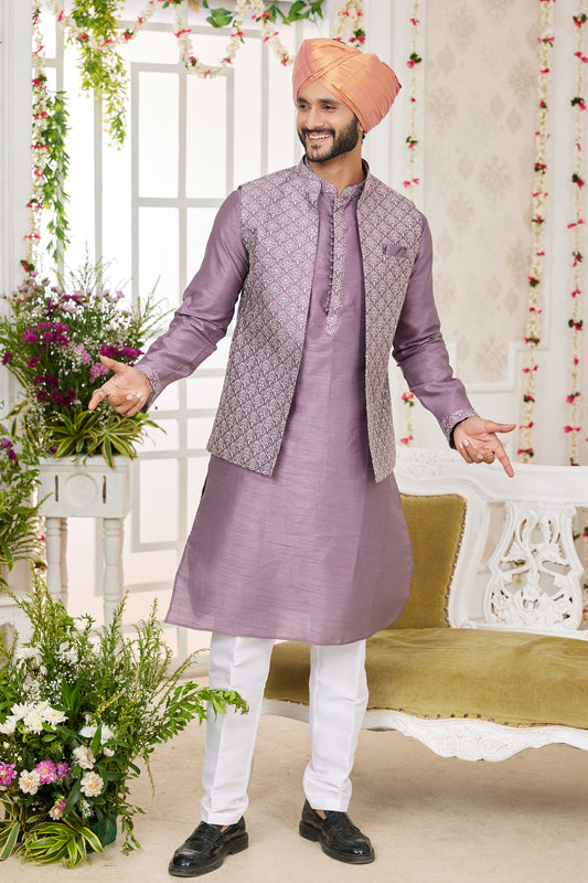 Purple Banarasi Silk Kurta Pajama With Jacket-SAR11407_1_SareeButa.com