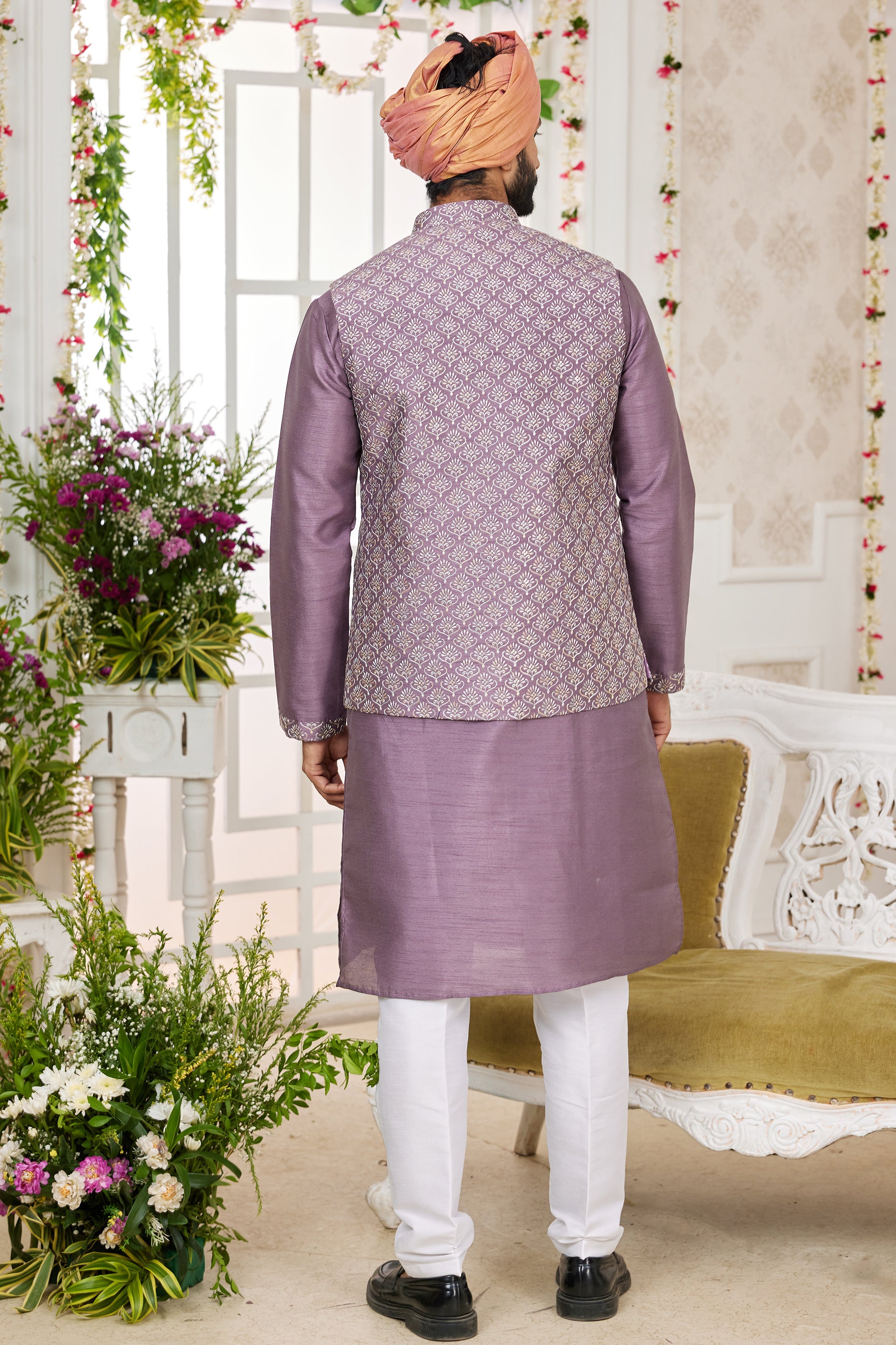 Purple Banarasi Silk Kurta Pajama With Jacket-SAR11407_2_SareeButa.com