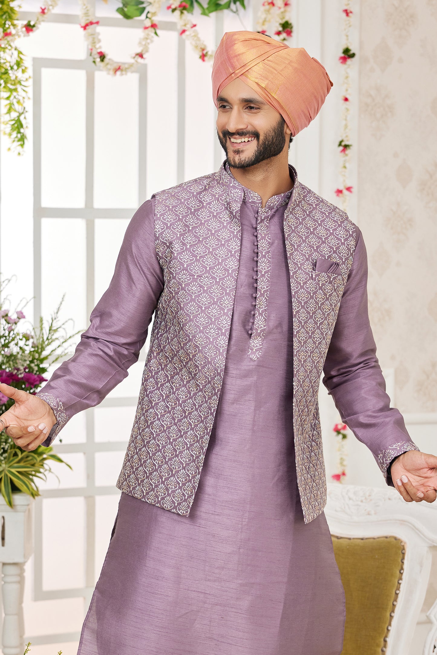 Purple Banarasi Silk Kurta Pajama With Jacket-SAR11407_3_SareeButa.com