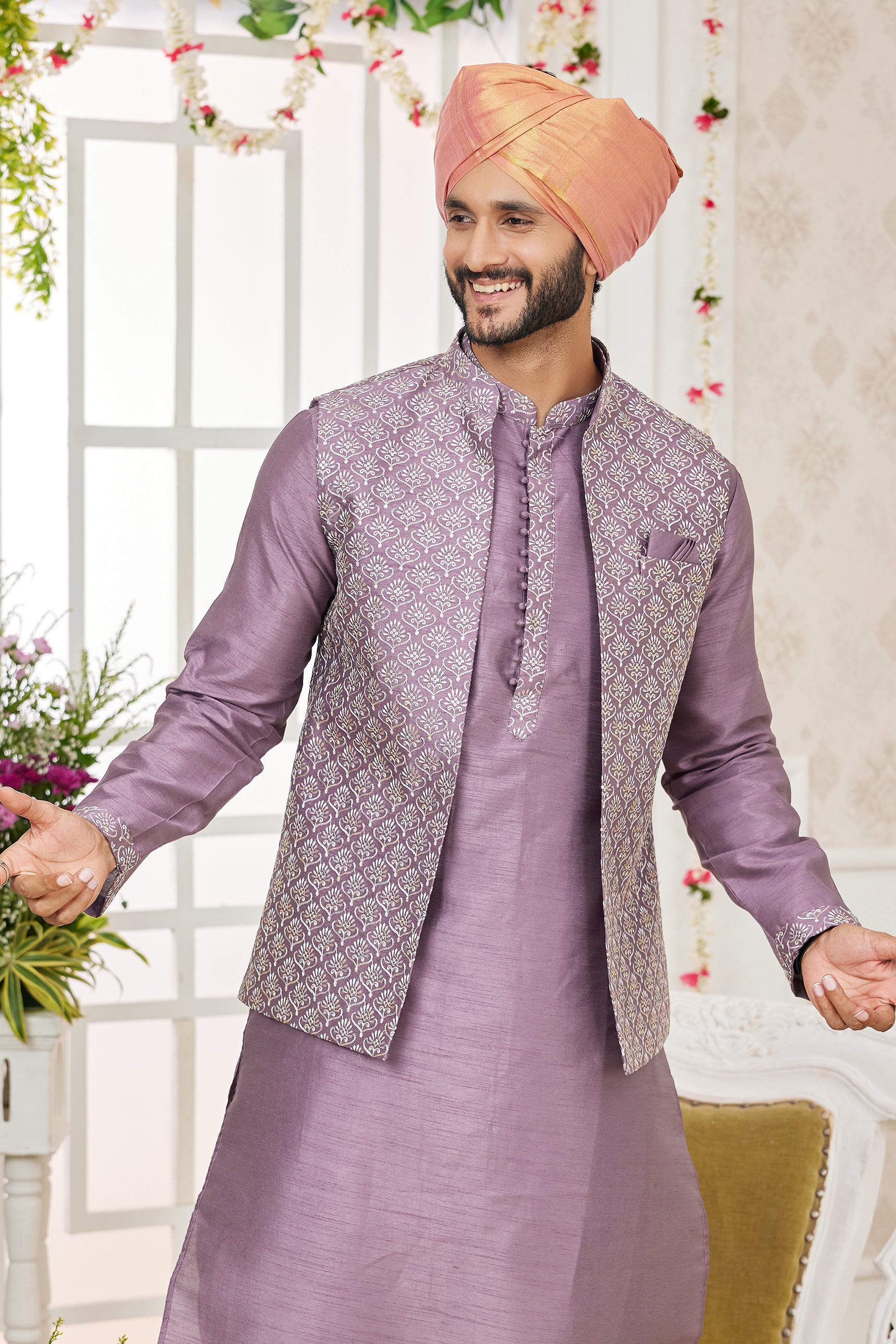 Purple Banarasi Silk Kurta Pajama With Jacket-SAR11407_3_SareeButa.com