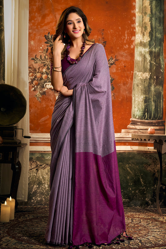 Purple Cotton Saree with Color Block Pallu-SAR12714_1_SareeButa.com