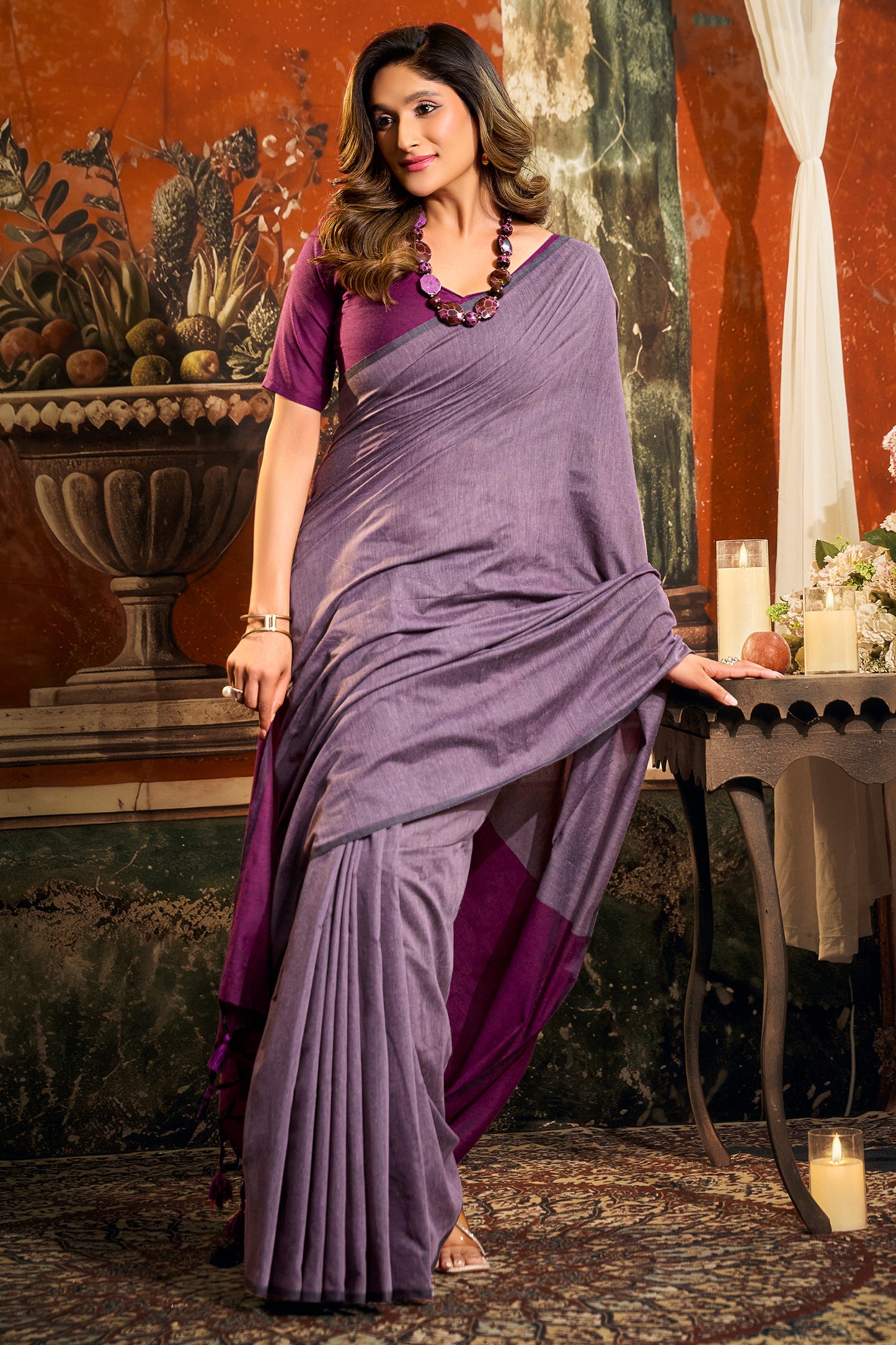 Purple Cotton Saree with Color Block Pallu-SAR12714_3_SareeButa.com