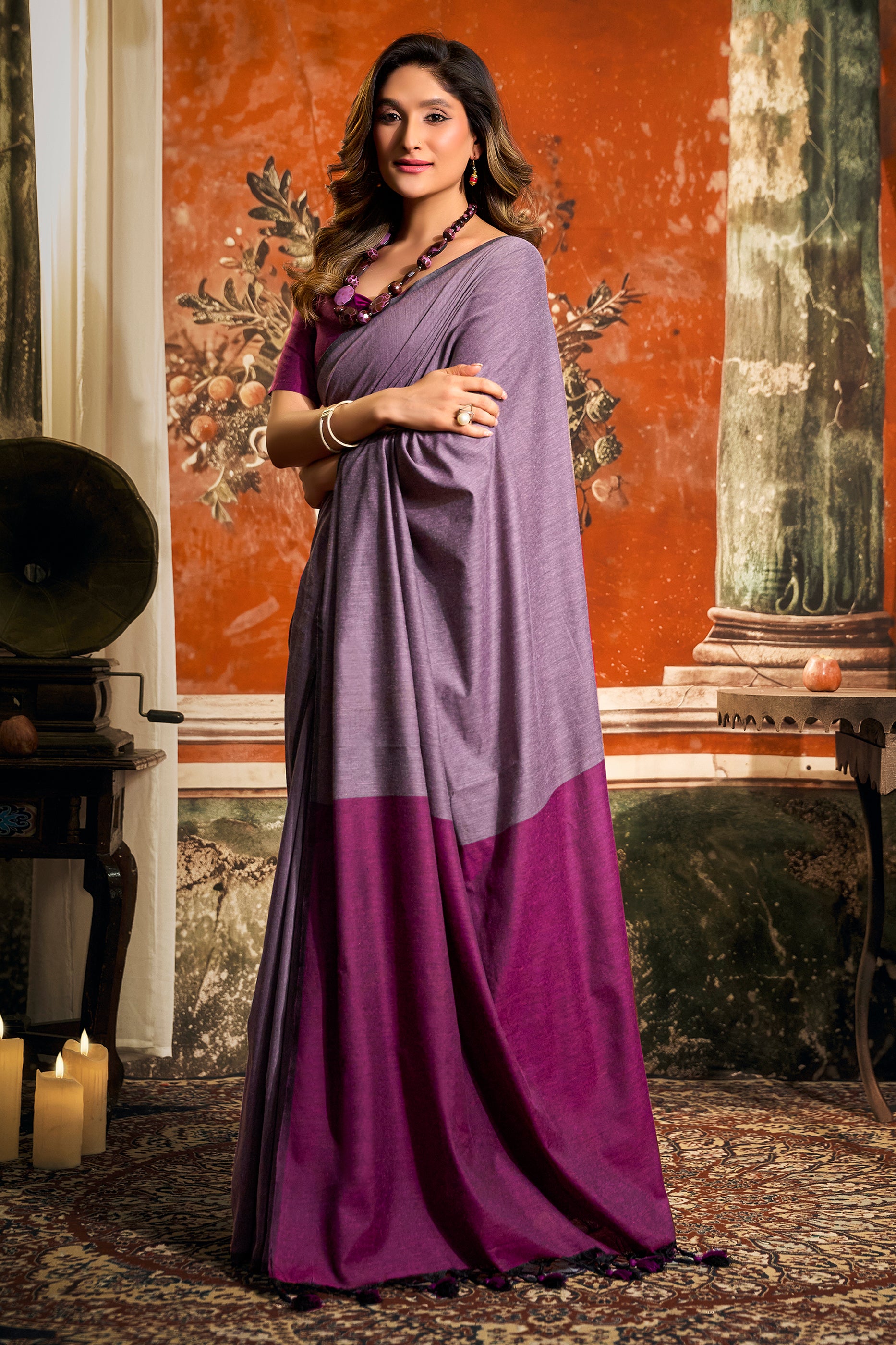Purple Cotton Saree with Color Block Pallu-SAR12714_4_SareeButa.com