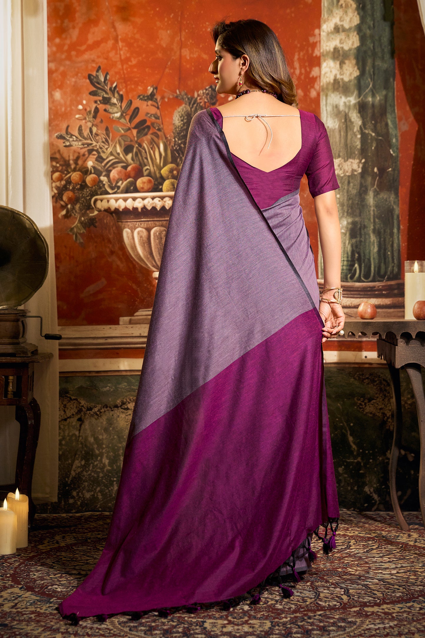 Purple Cotton Saree with Color Block Pallu-SAR12714_5_SareeButa.com