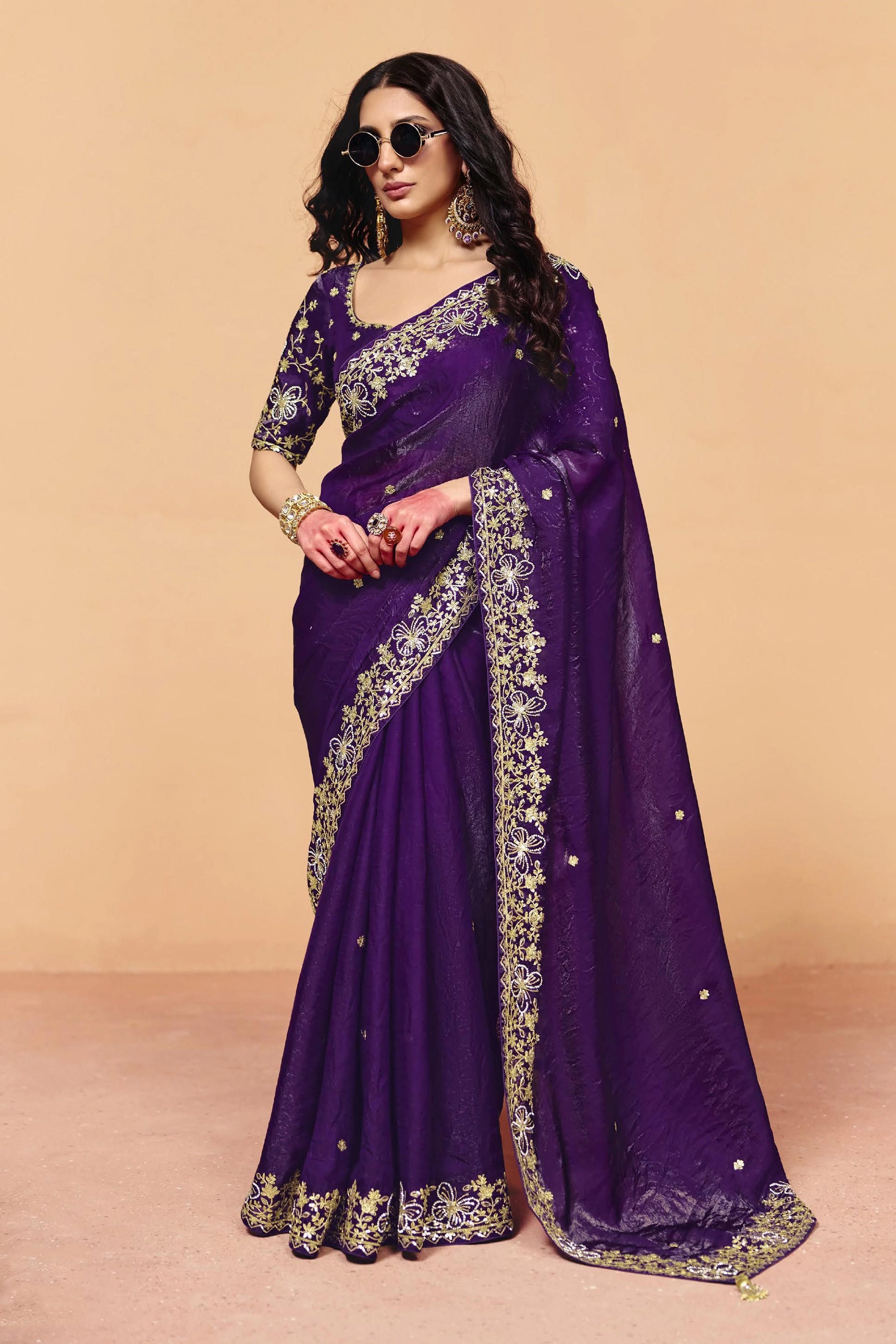 Purple Embroidered Crush Organza Saree-SAR12272_1_SareeButa.com
