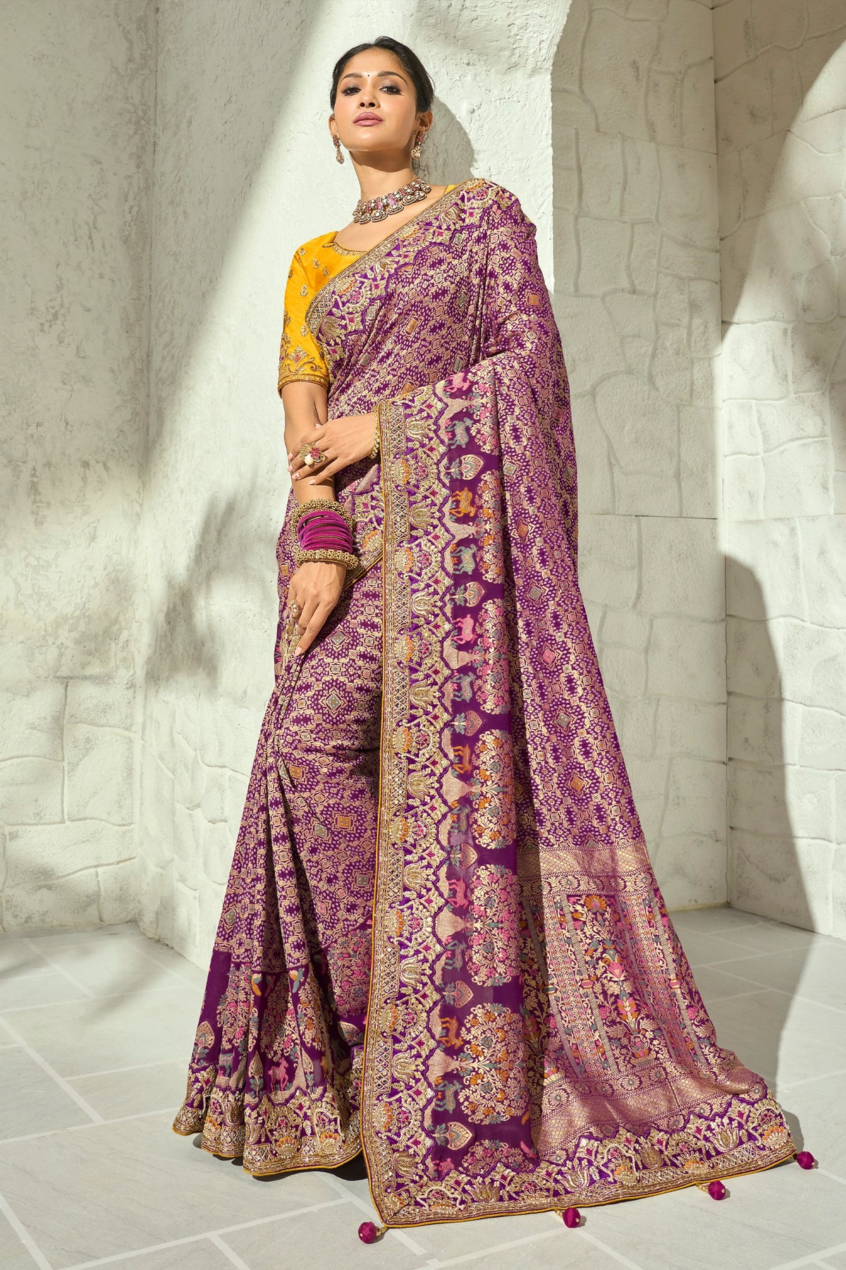 Purple Embroidered Georgette Bandhej Saree-SAR13399_1_SareeButa.com