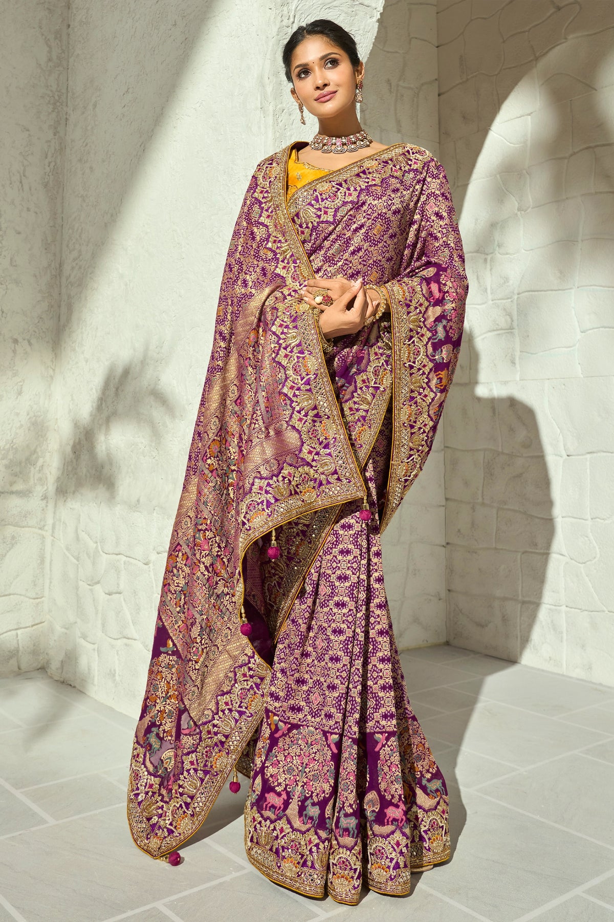 Purple Embroidered Georgette Bandhej Saree-SAR13399_3_SareeButa.com