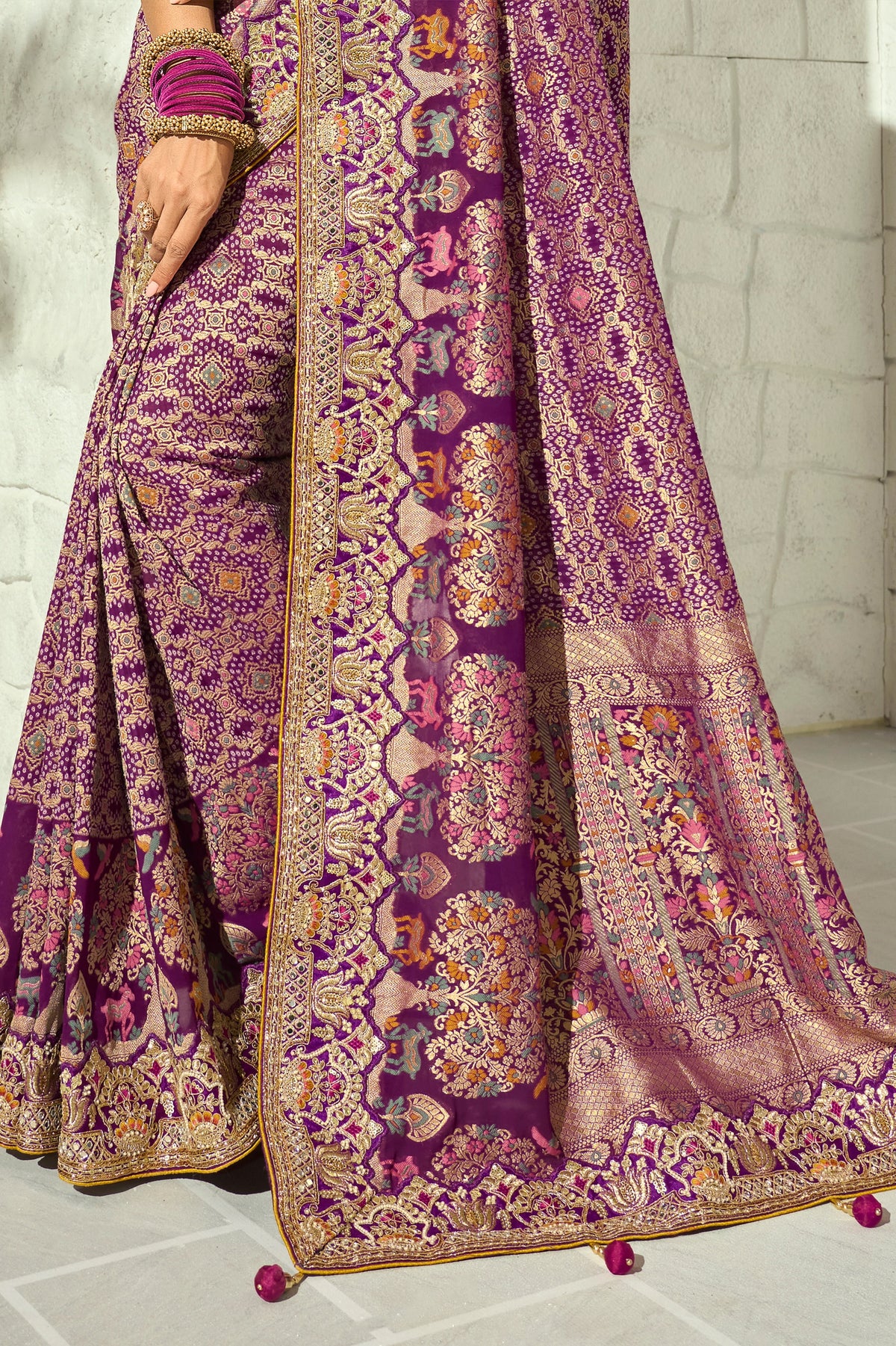 Purple Embroidered Georgette Bandhej Saree-SAR13399_5_SareeButa.com