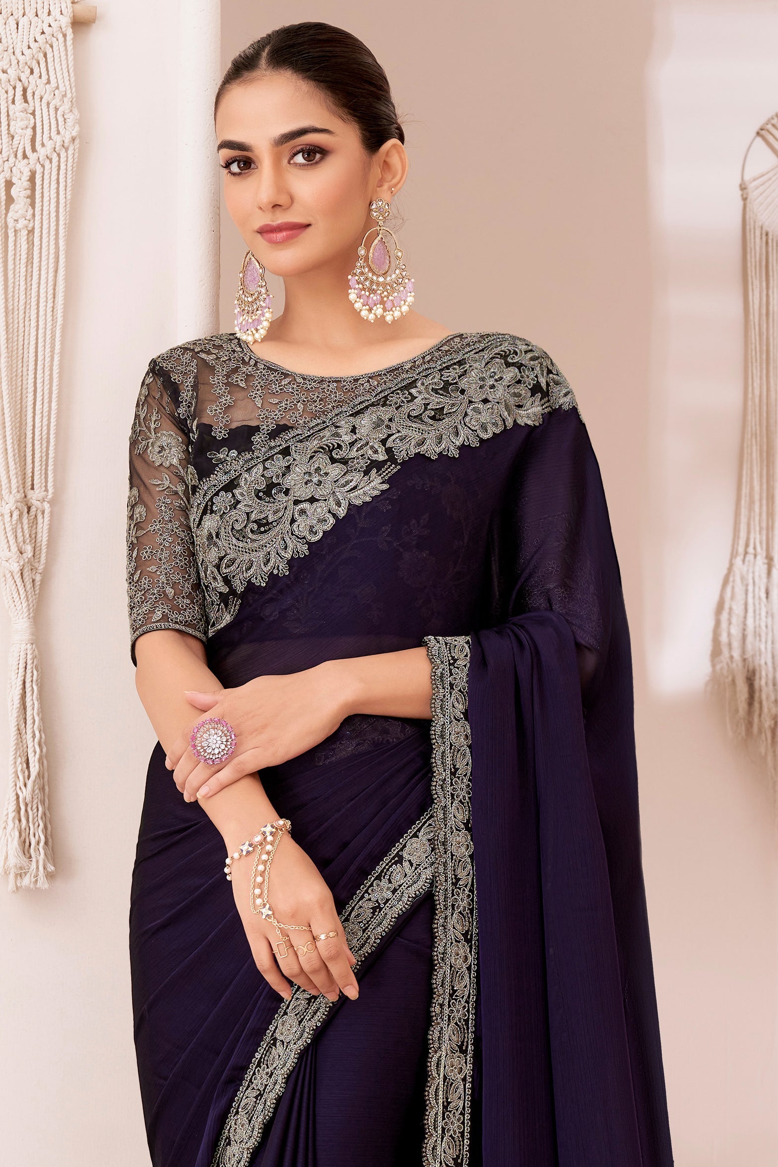 Purple Embroidered Georgette Saree-ZB132156_3