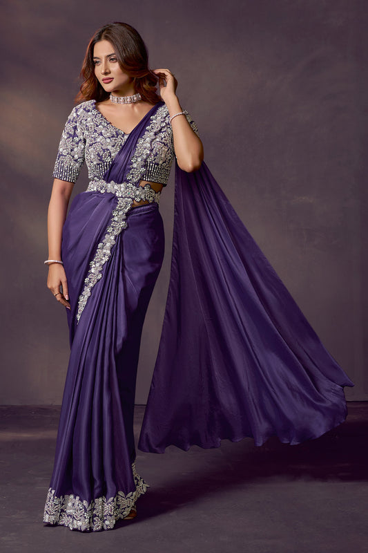 Purple Embroidered Satin Readymade Saree with Stitched Blouse-SAR10861_1_SareeButa.com