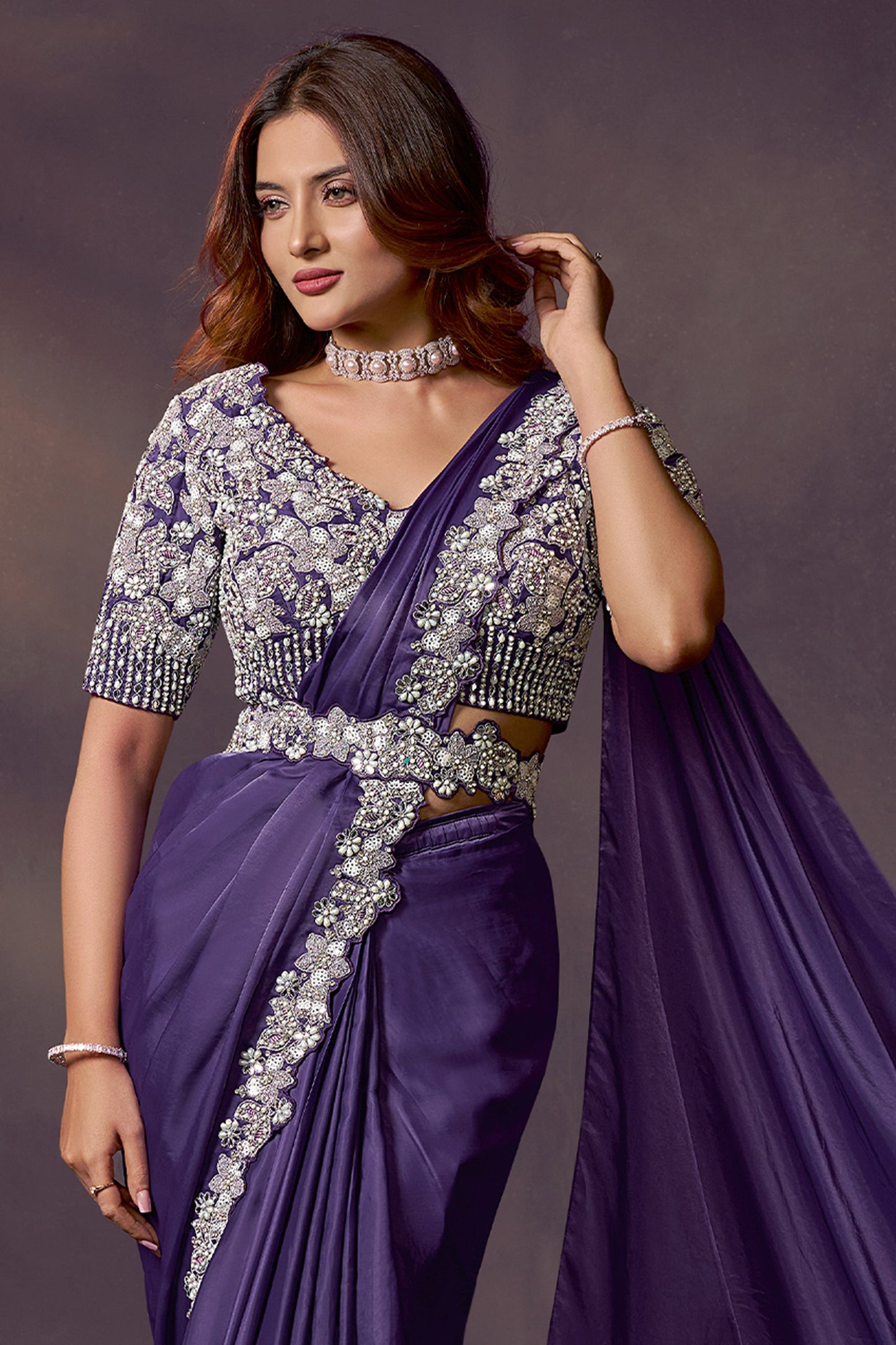 Purple Embroidered Satin Readymade Saree with Stitched Blouse-SAR10861_3_SareeButa.com