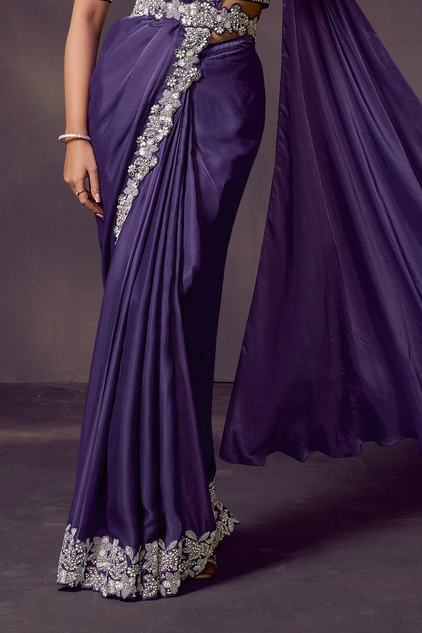 Purple Embroidered Satin Readymade Saree with Stitched Blouse-SAR10861_4_SareeButa.com