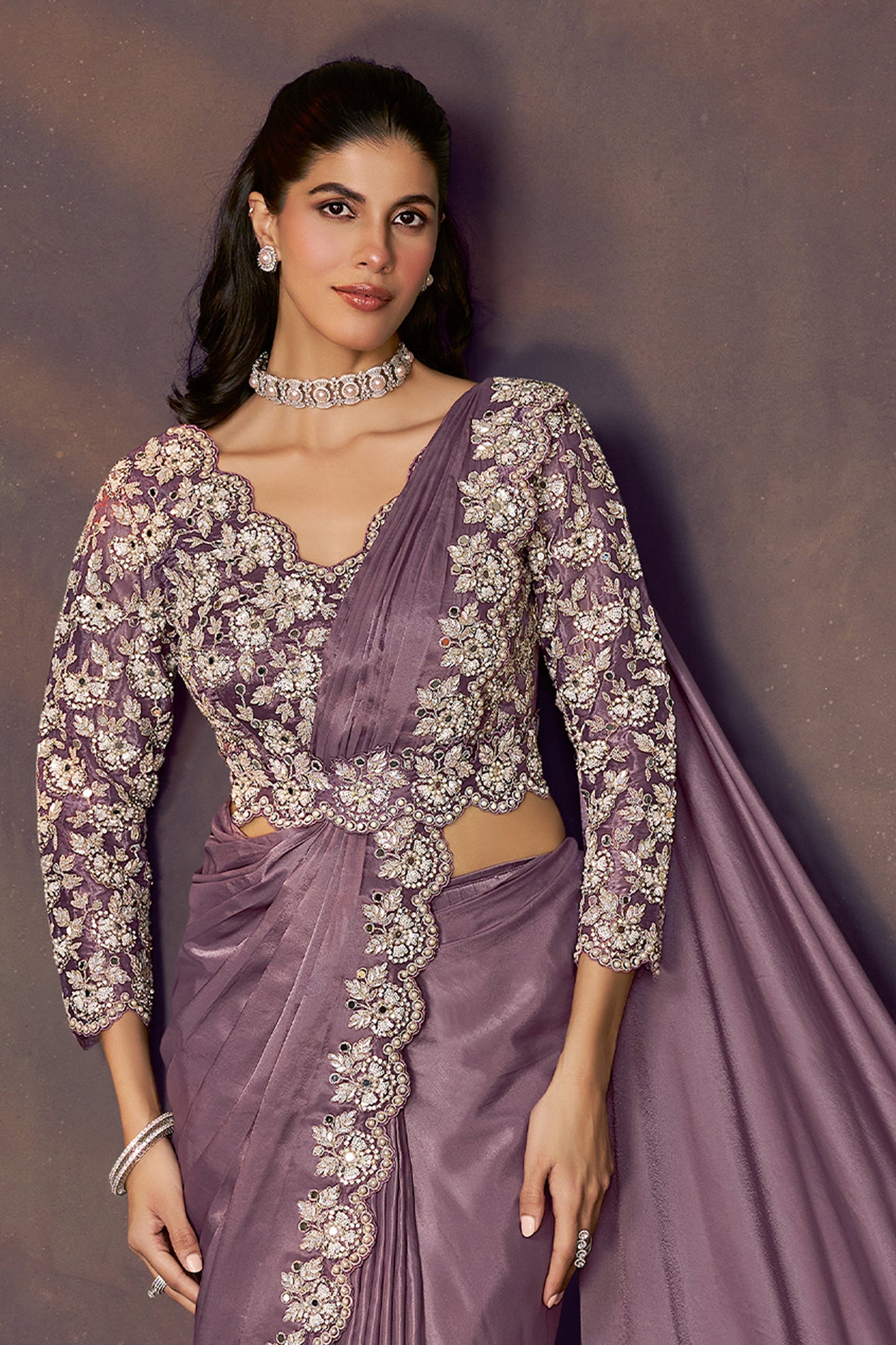 Purple Embroidered Satin Readymade Saree with Stitched Blouse-SAR10863_3_SareeButa.com