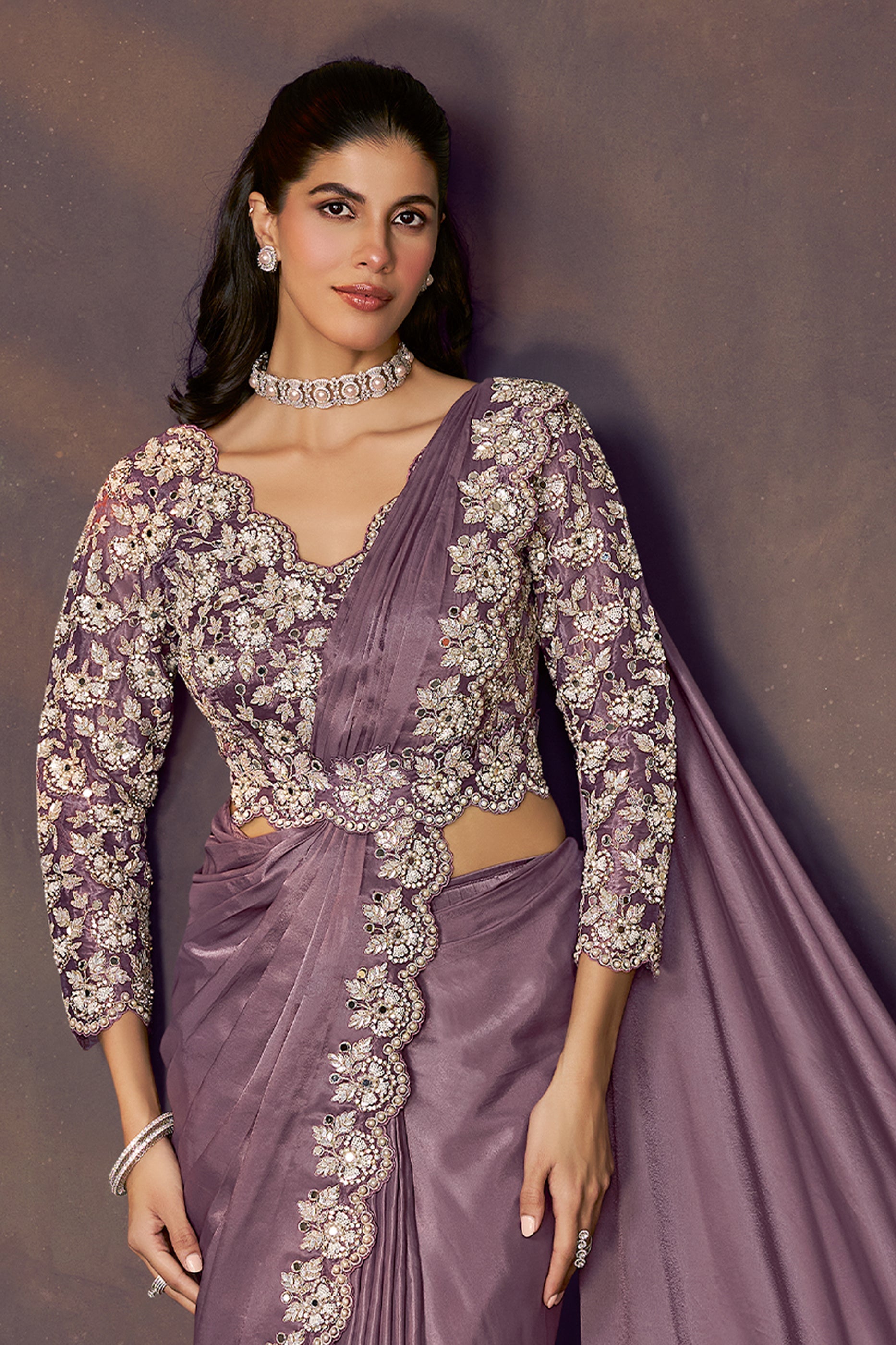 Purple Embroidered Satin Readymade Saree with Stitched Blouse-SAR10863_3_SareeButa.com