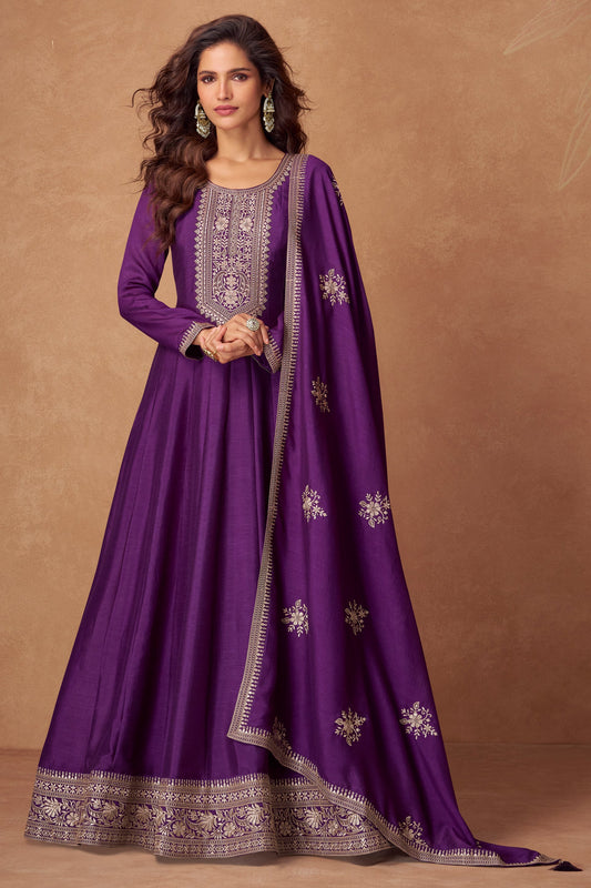 Purple Embroidered Silk Gown with Dupatta-SS468_1_SareeButa.com