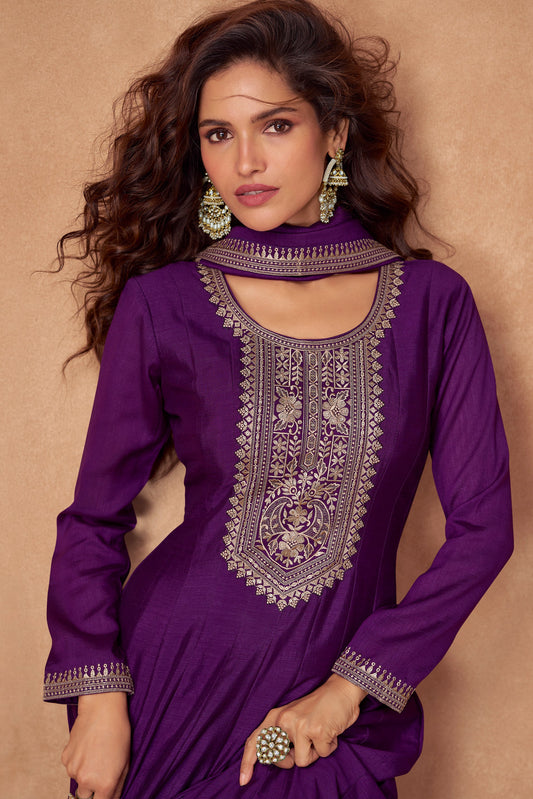 Purple Embroidered Silk Gown with Dupatta-SS468_2_SareeButa.com