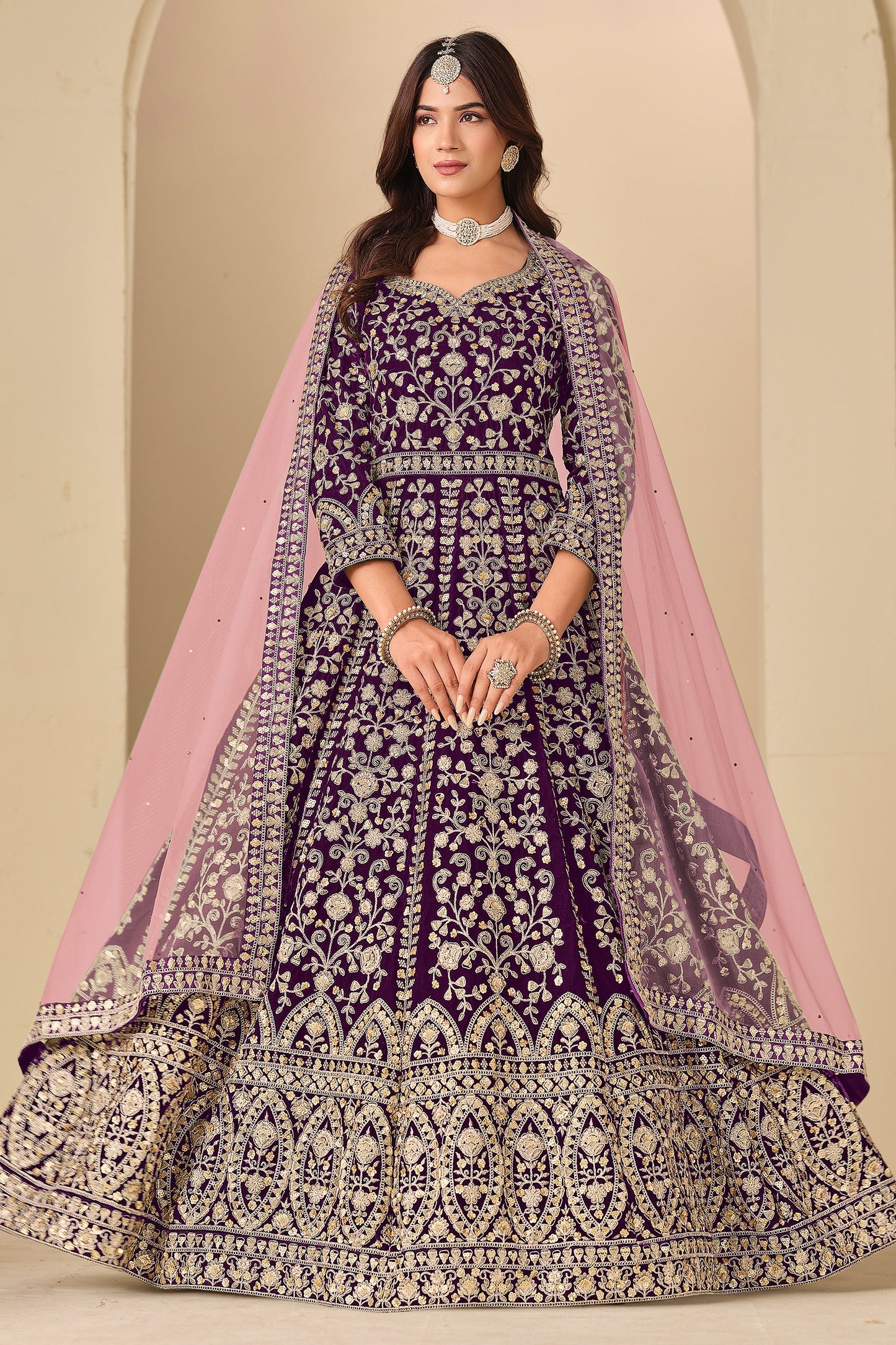Purple Embroidered Velvet Gown With Dupatta-SAR11577_1_SareeButa.com