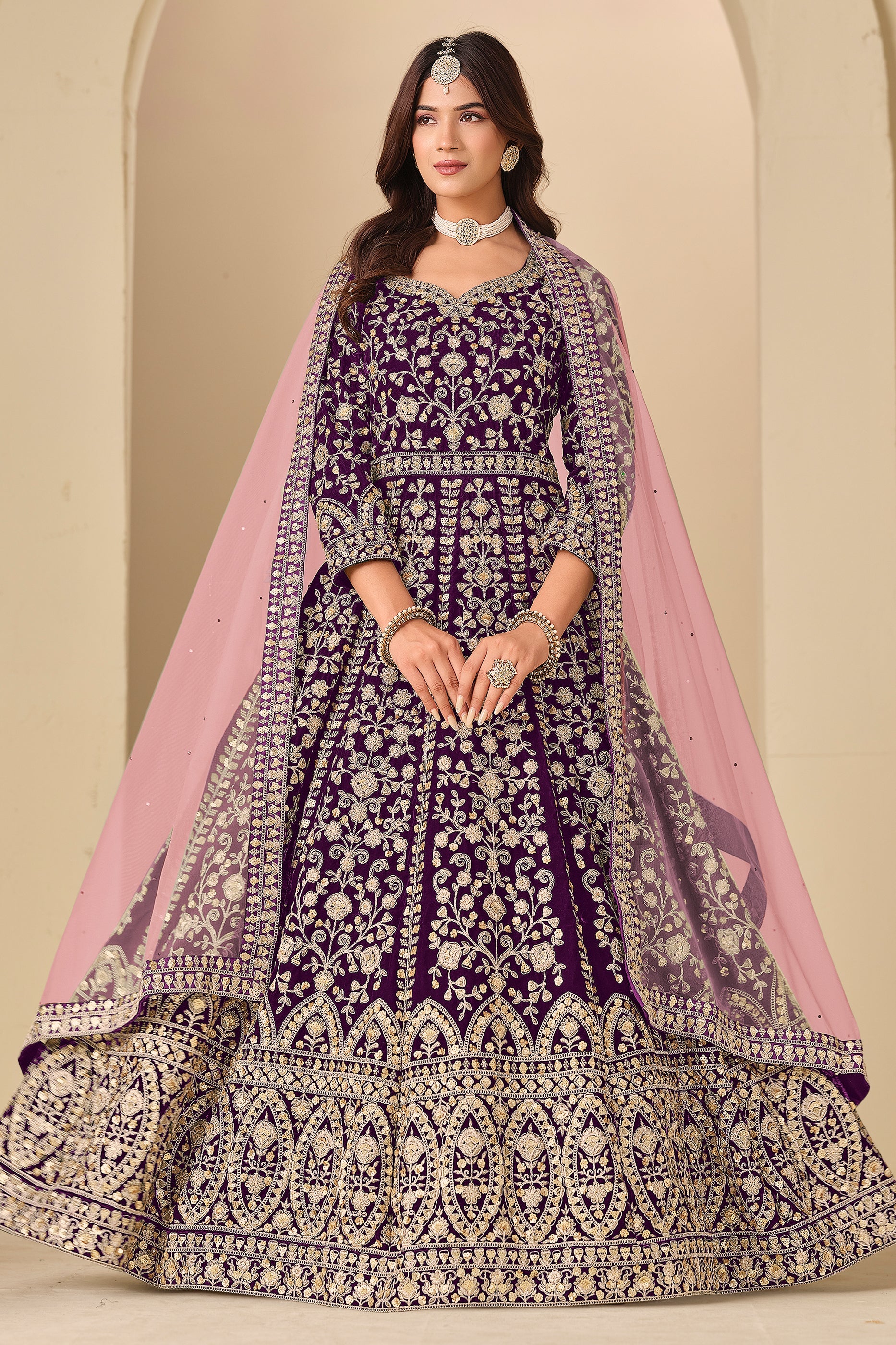 Purple Embroidered Velvet Gown With Dupatta-SAR11577_1_SareeButa.com