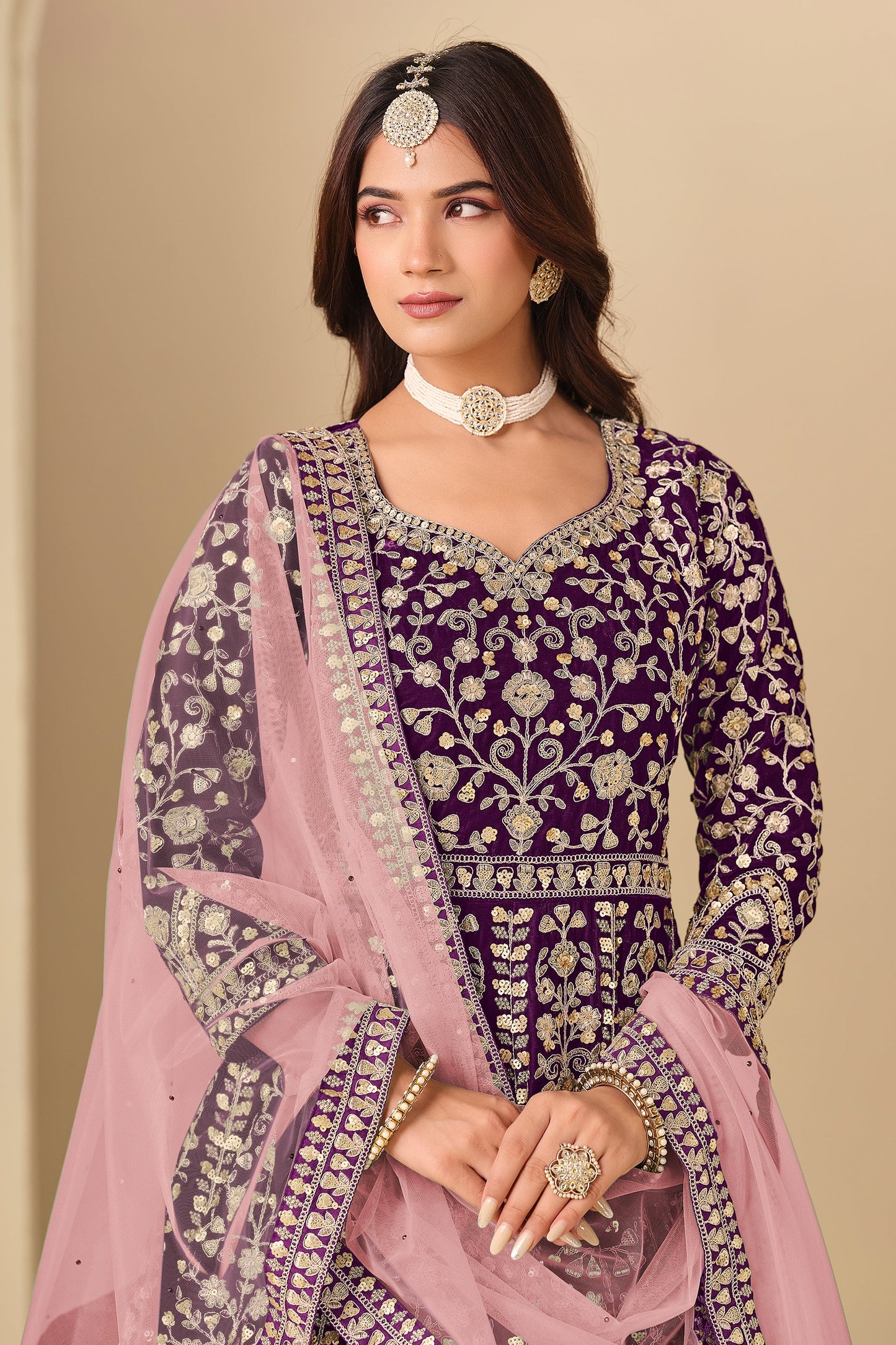 Purple Embroidered Velvet Gown With Dupatta-SAR11577_2_SareeButa.com