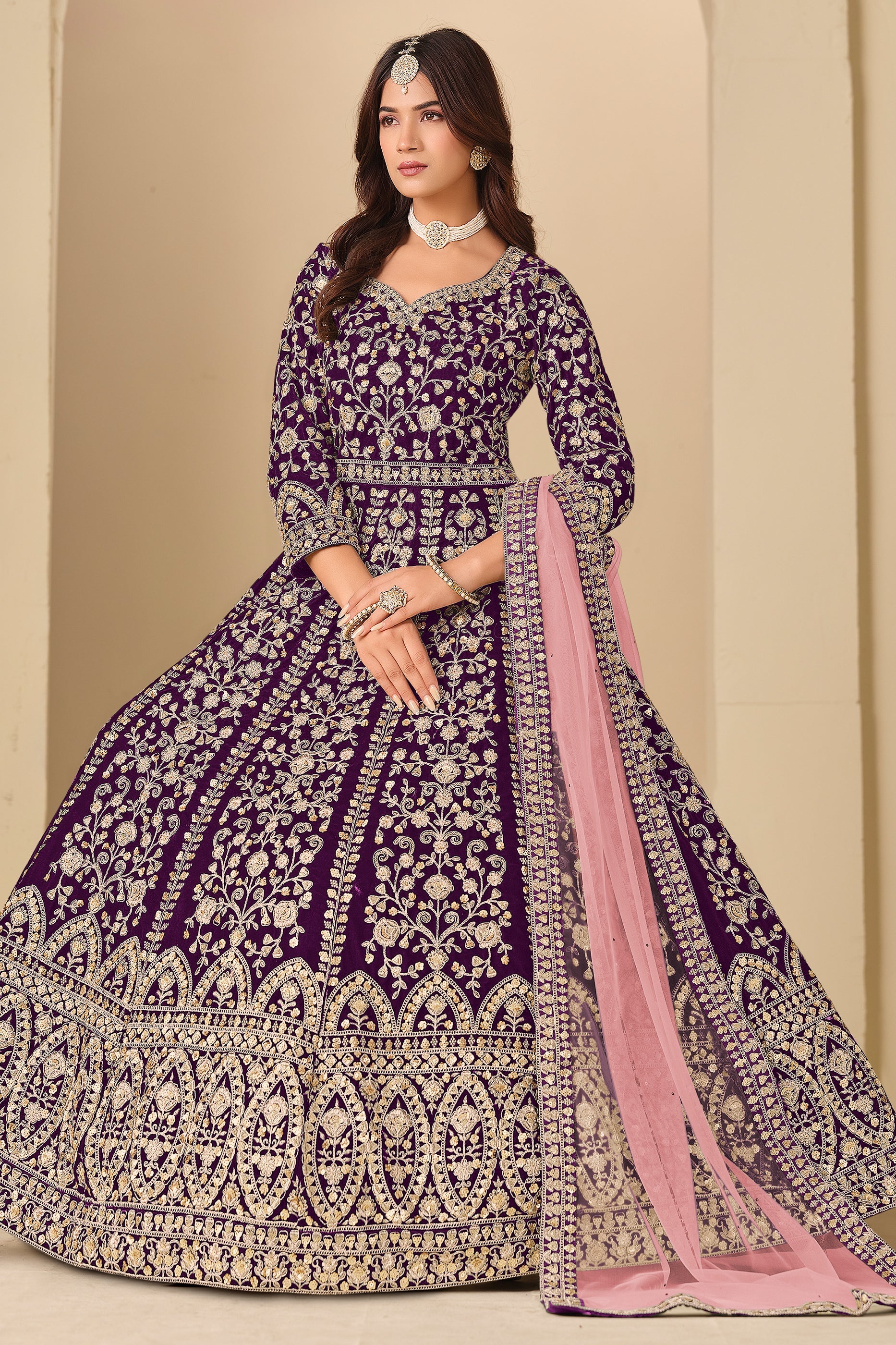 Purple Embroidered Velvet Gown With Dupatta-SAR11577_3_SareeButa.com