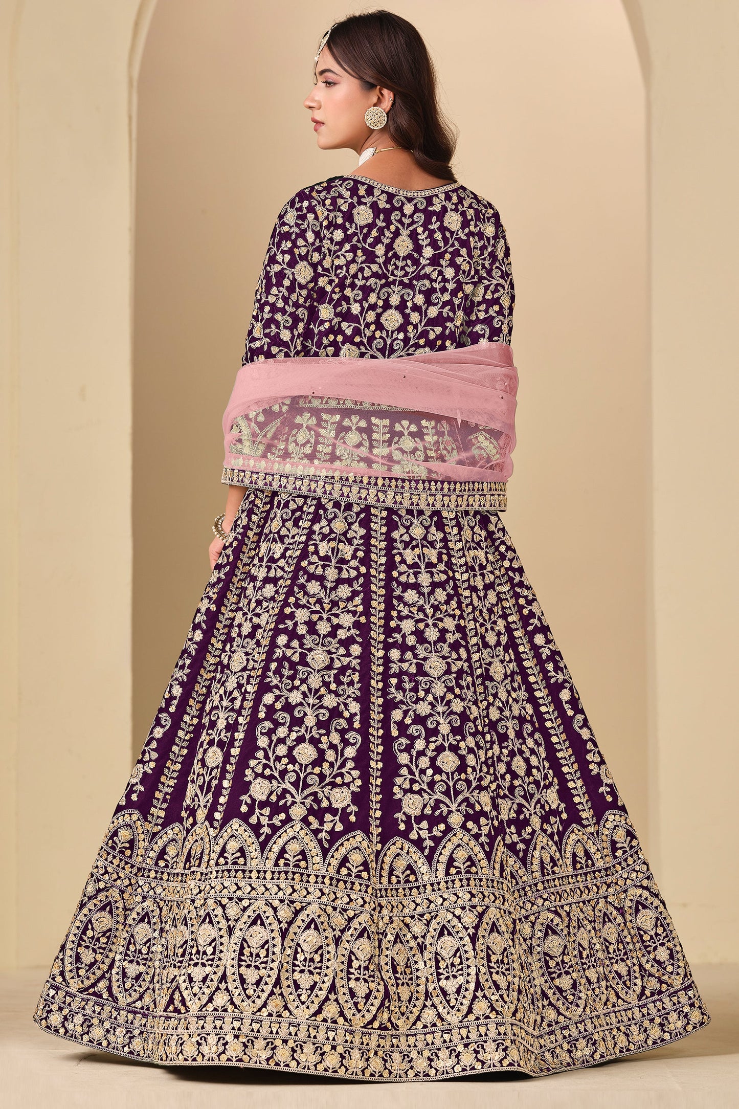 Purple Embroidered Velvet Gown With Dupatta-SAR11577_4_SareeButa.com