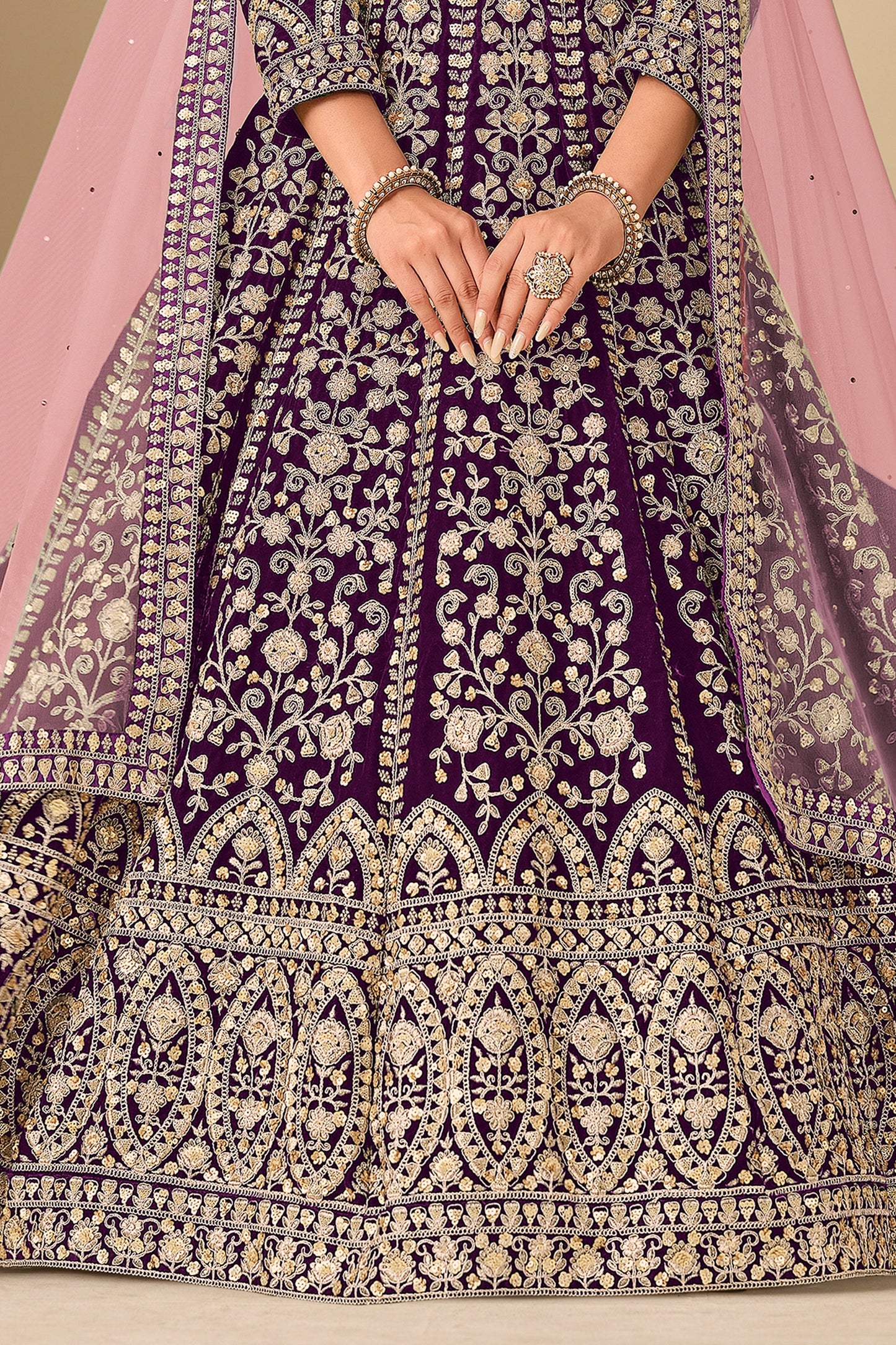 Purple Embroidered Velvet Gown With Dupatta-SAR11577_5_SareeButa.com