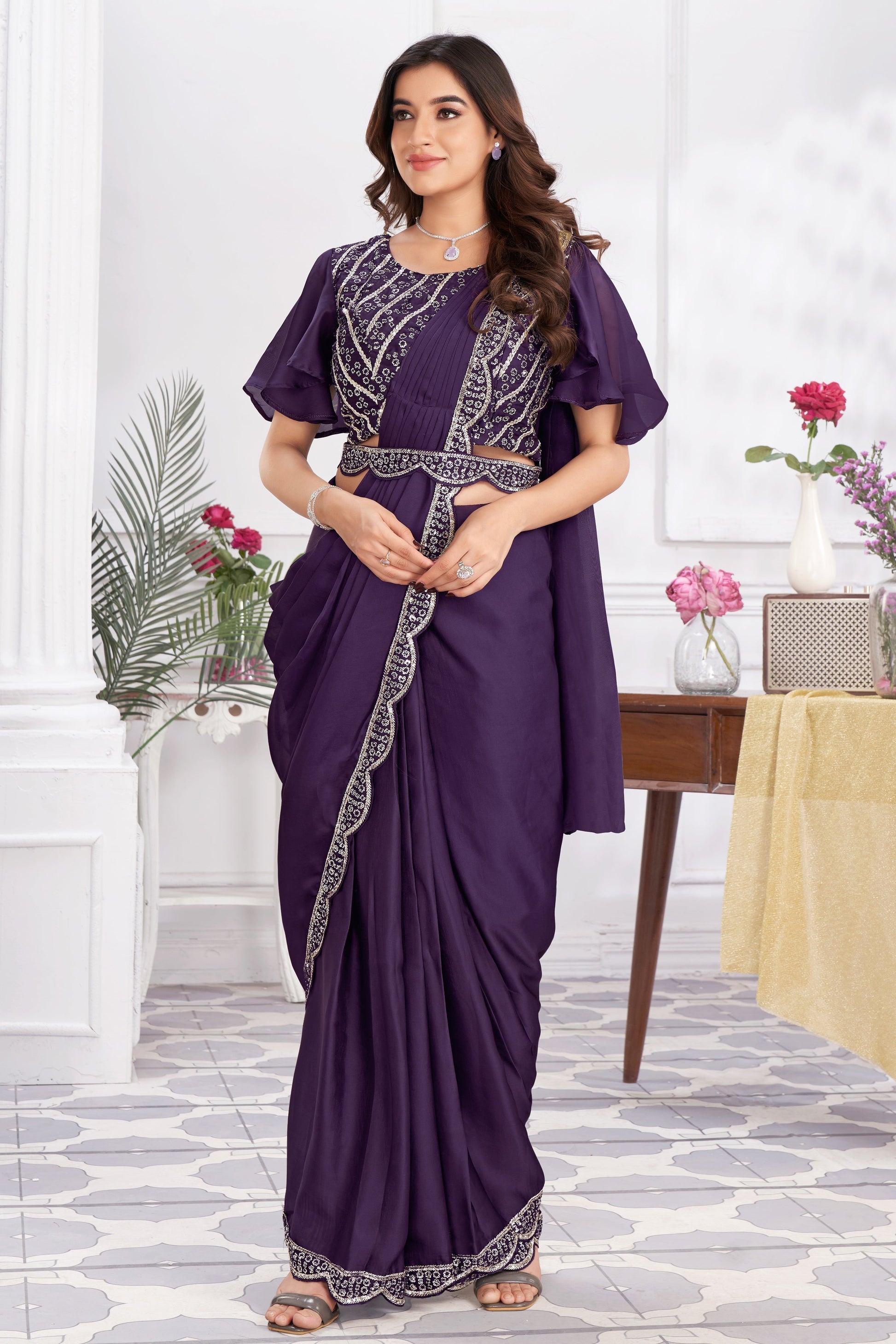 Purple Georgette Readymade Saree With Stitched Blouse-ZB133681_1_SareeButa.com
