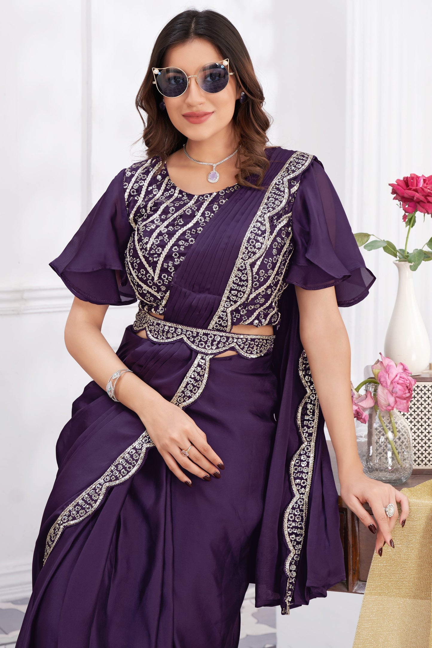 Purple Georgette Readymade Saree With Stitched Blouse-ZB133681_2_SareeButa.com