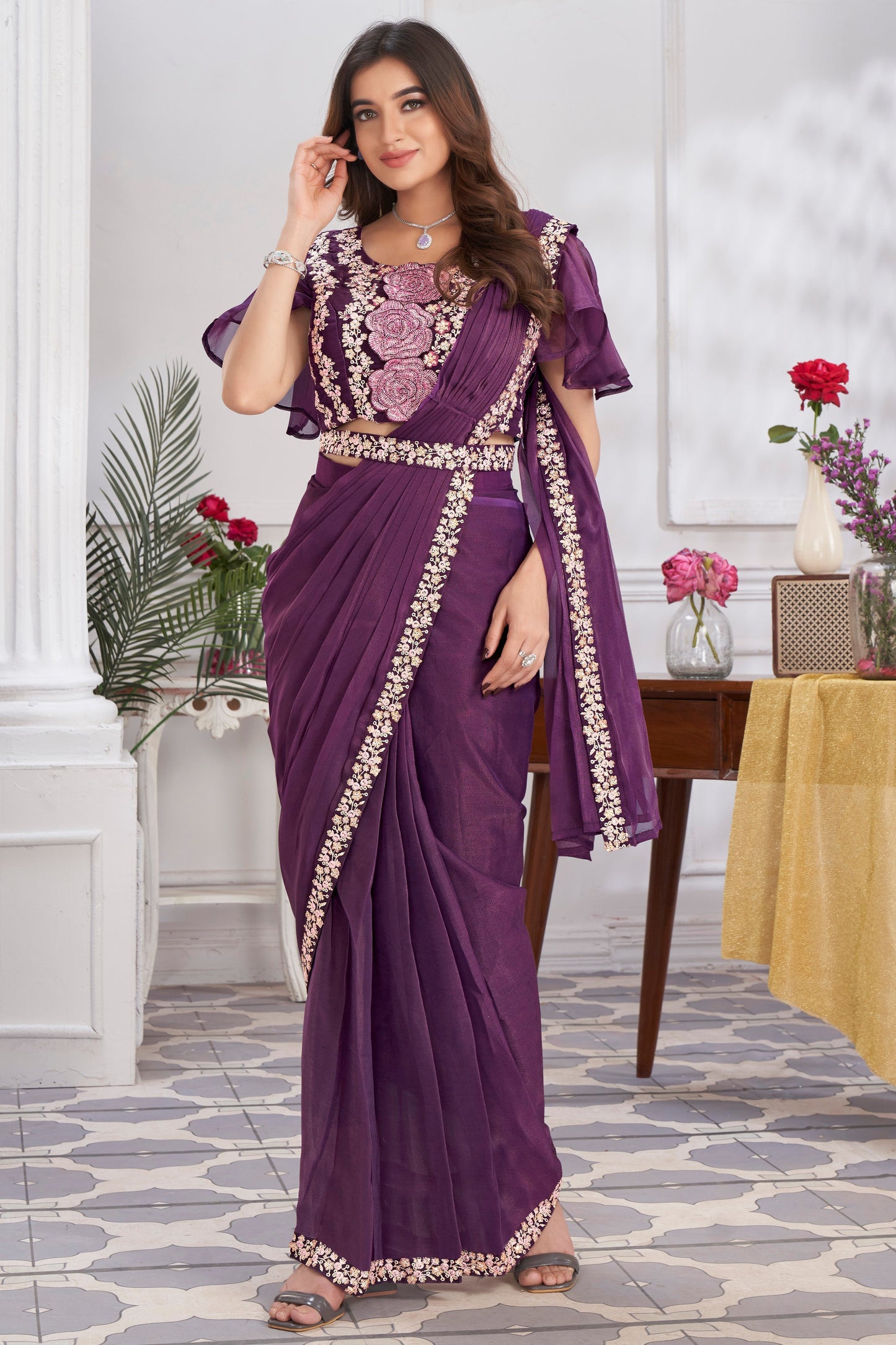 Purple Georgette Readymade Saree With Stitched Blouse-ZB133686_1_SareeButa.com