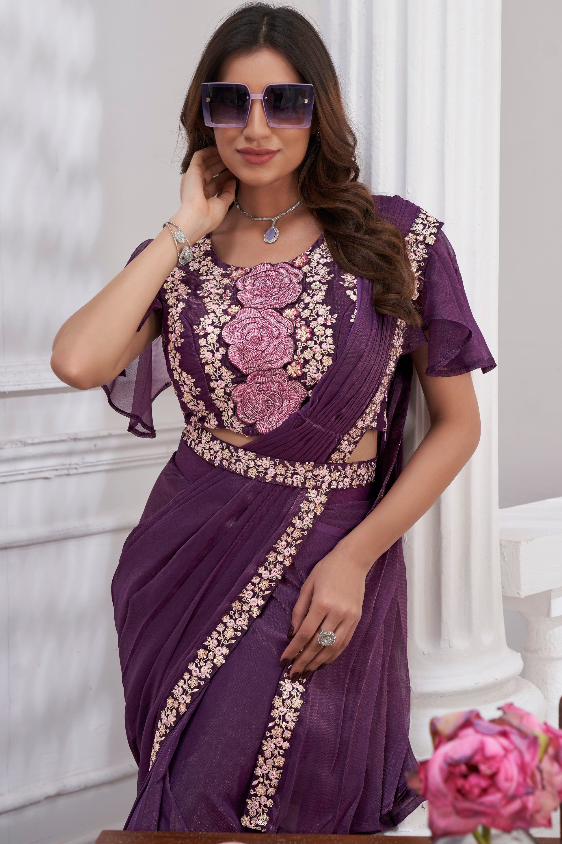 Purple Georgette Readymade Saree With Stitched Blouse-ZB133686_2_SareeButa.com