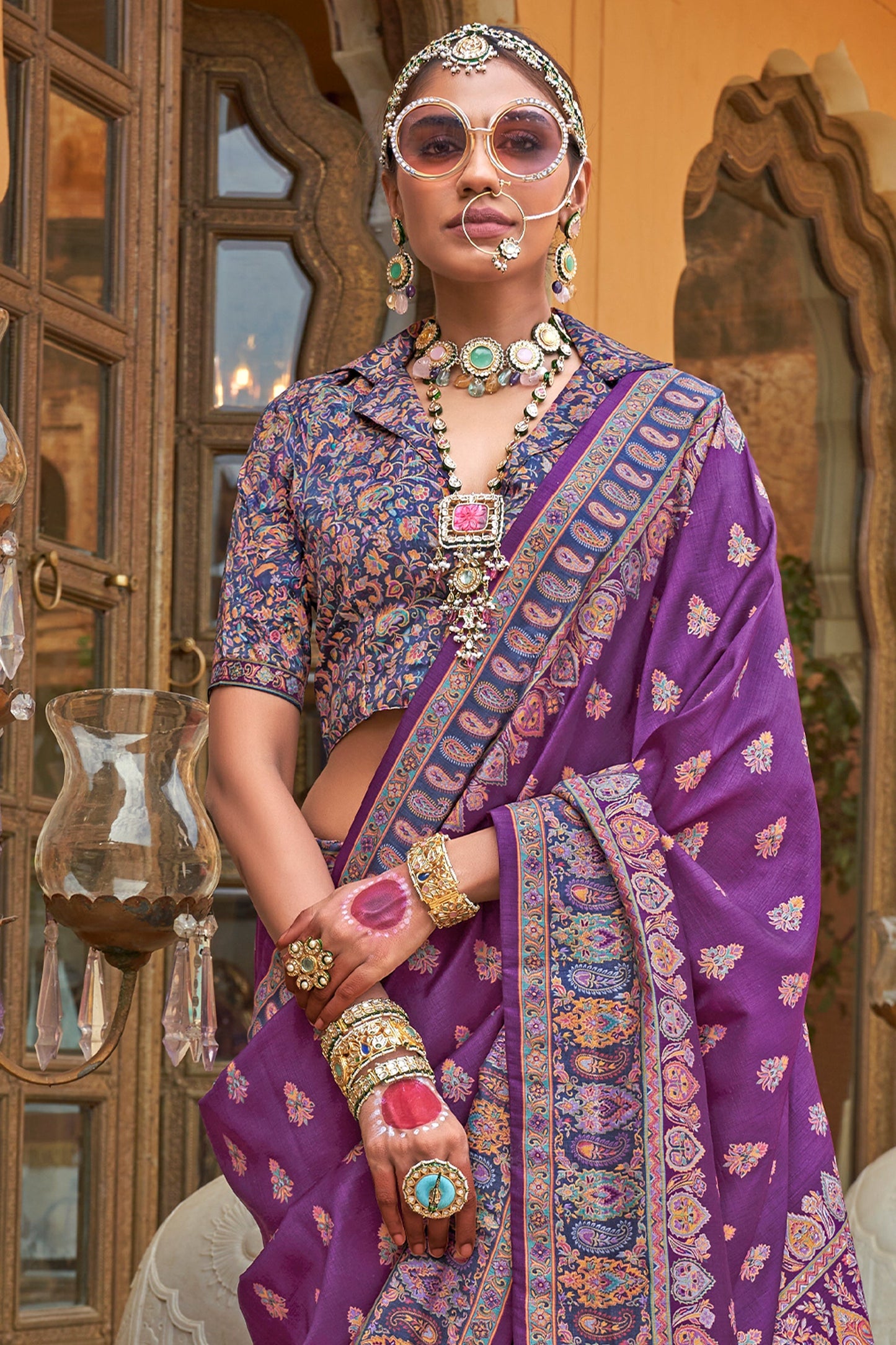 Purple Jamewar Print Viscose Silk Saree-SAR10095_3_SareeButa.com