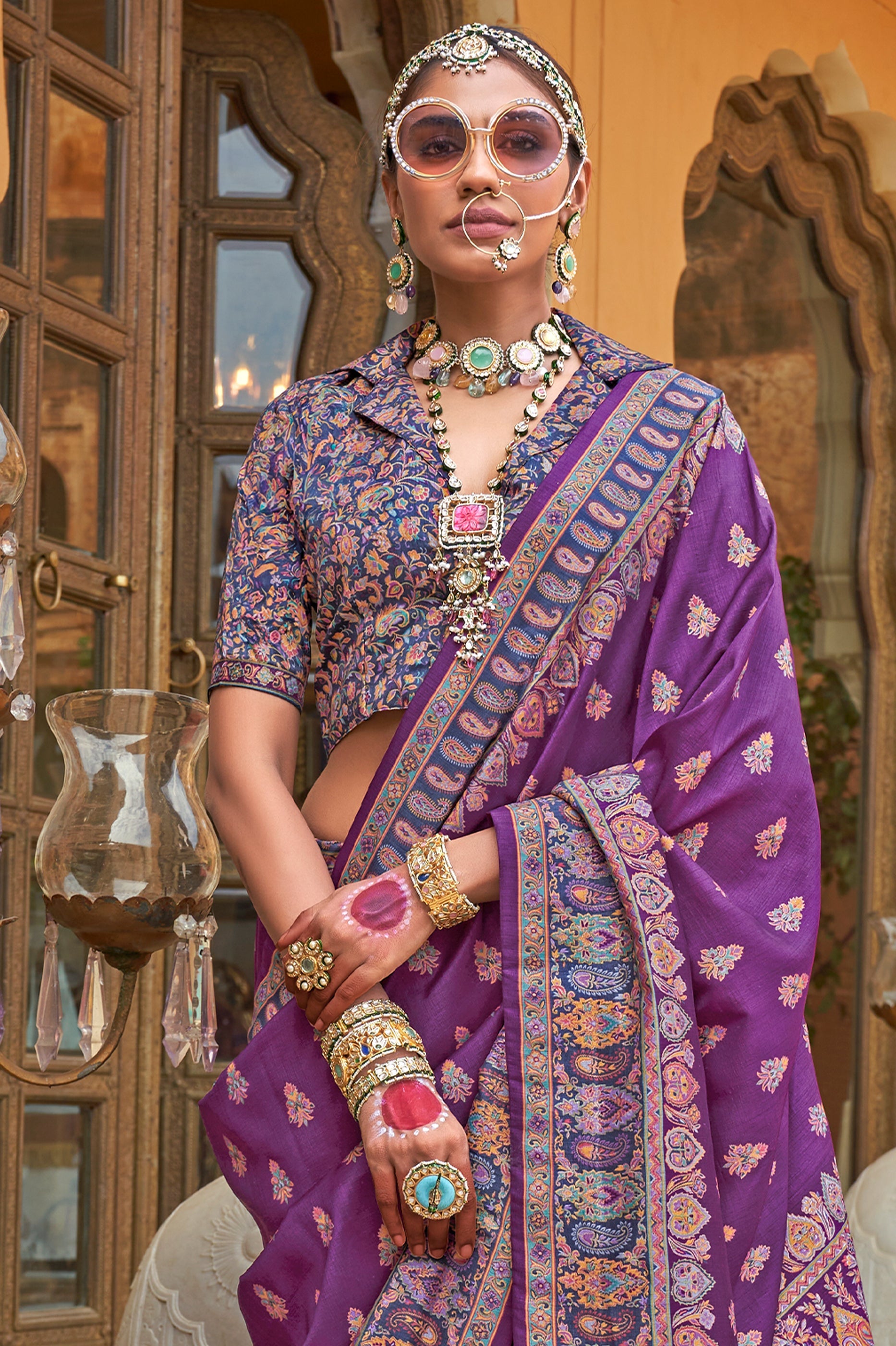 Purple Jamewar Print Viscose Silk Saree-SAR10095_3_SareeButa.com