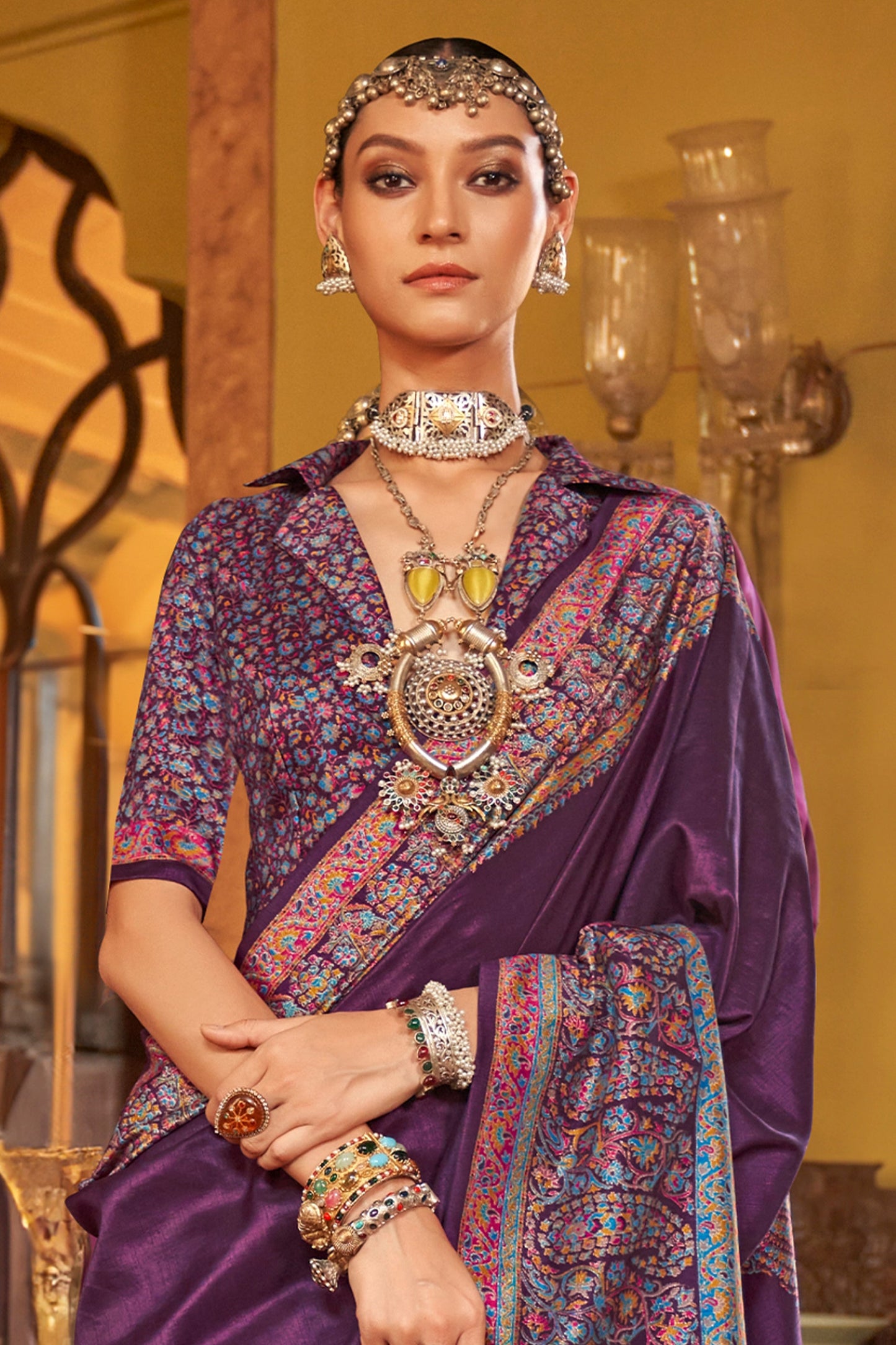 Purple Jamewar Printed Viscose Silk Saree-SAR10170_3_SareeButa.com