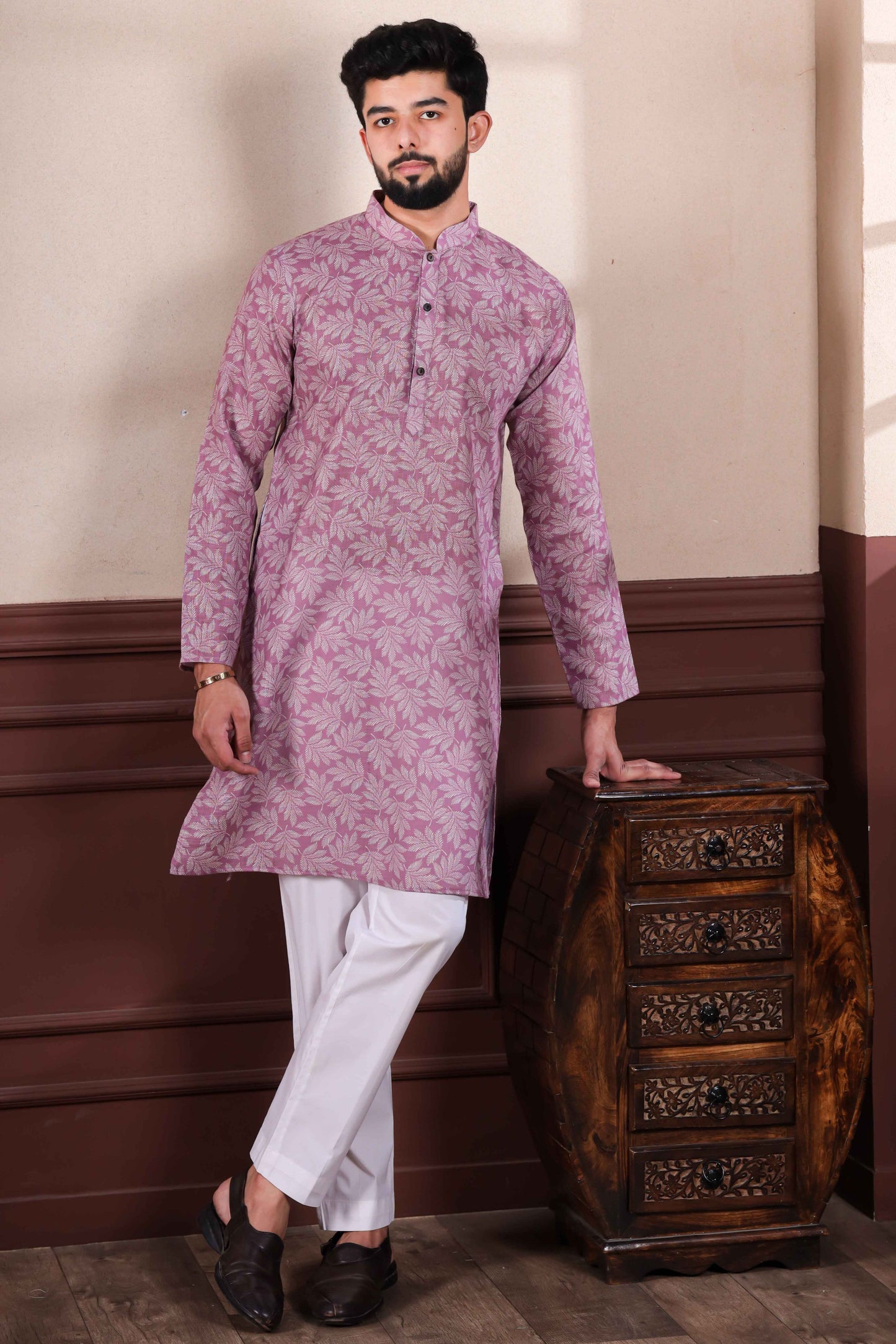 Purple Printed Linen Kurta Pajama-MW73_1_SareeButa.com