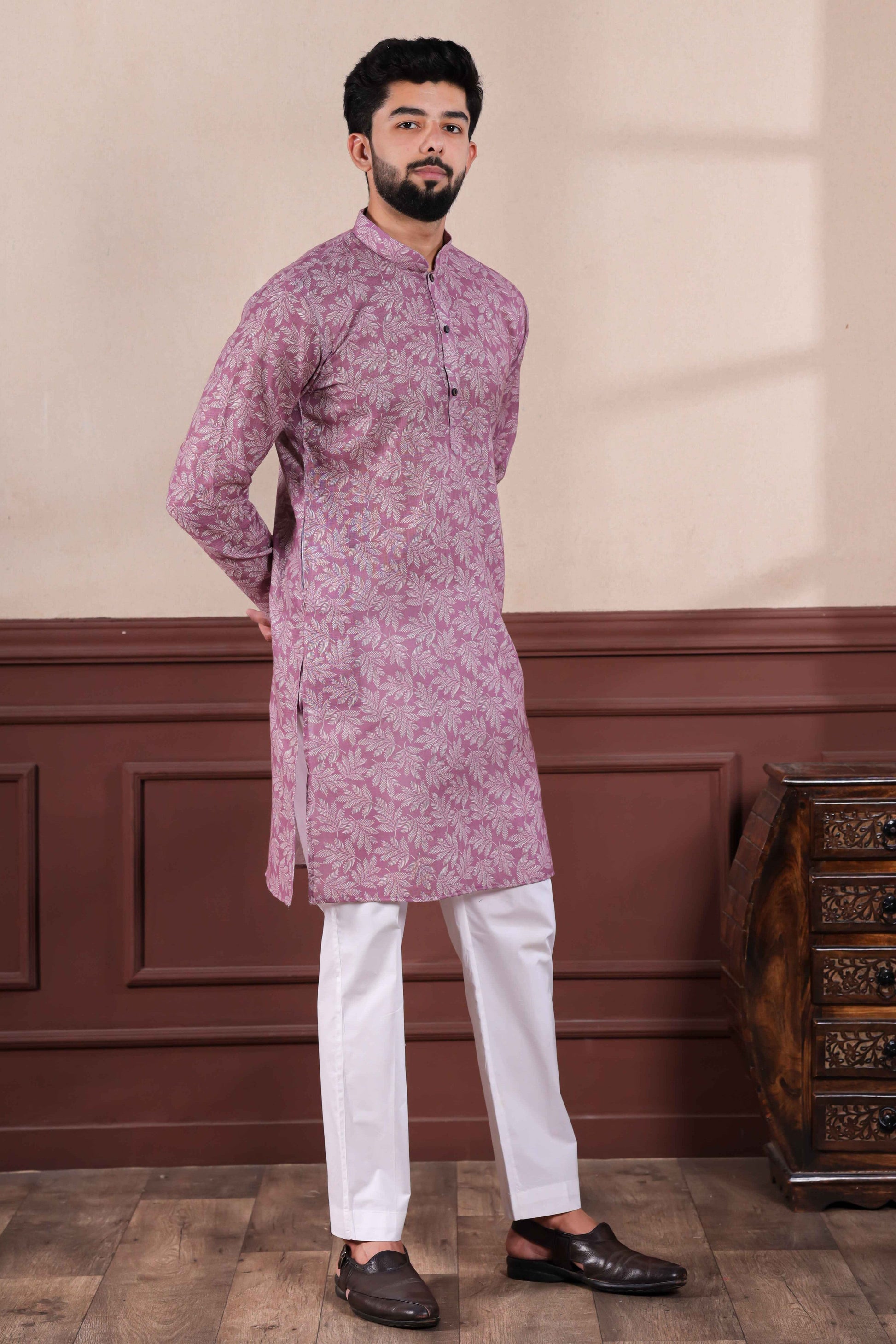 Purple Printed Linen Kurta Pajama-MW73_4_SareeButa.com