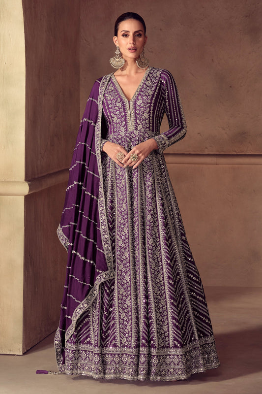 Purple Readymade Chinon Gown With Dupatta-SAR11053_1_SareeButa.com