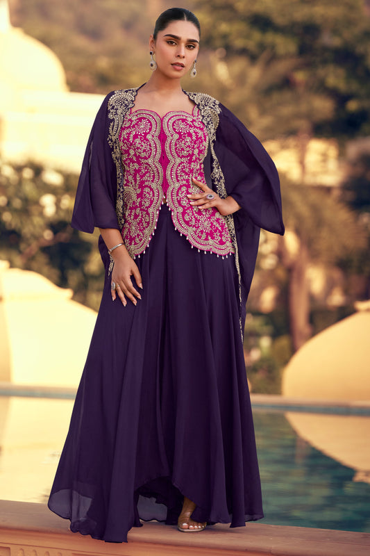 Purple Readymade Chinon Palazzo Set with Shrug-SS803_1_SareeButa.com