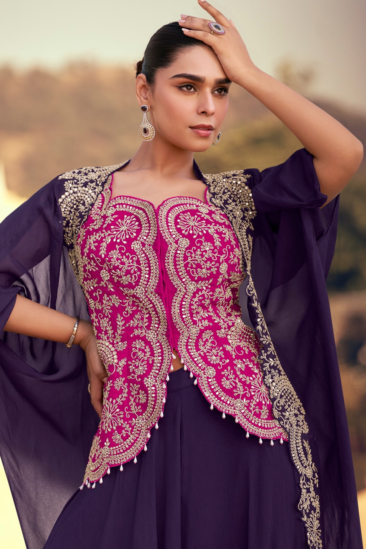 Purple Readymade Chinon Palazzo Set with Shrug-SS803_2_SareeButa.com