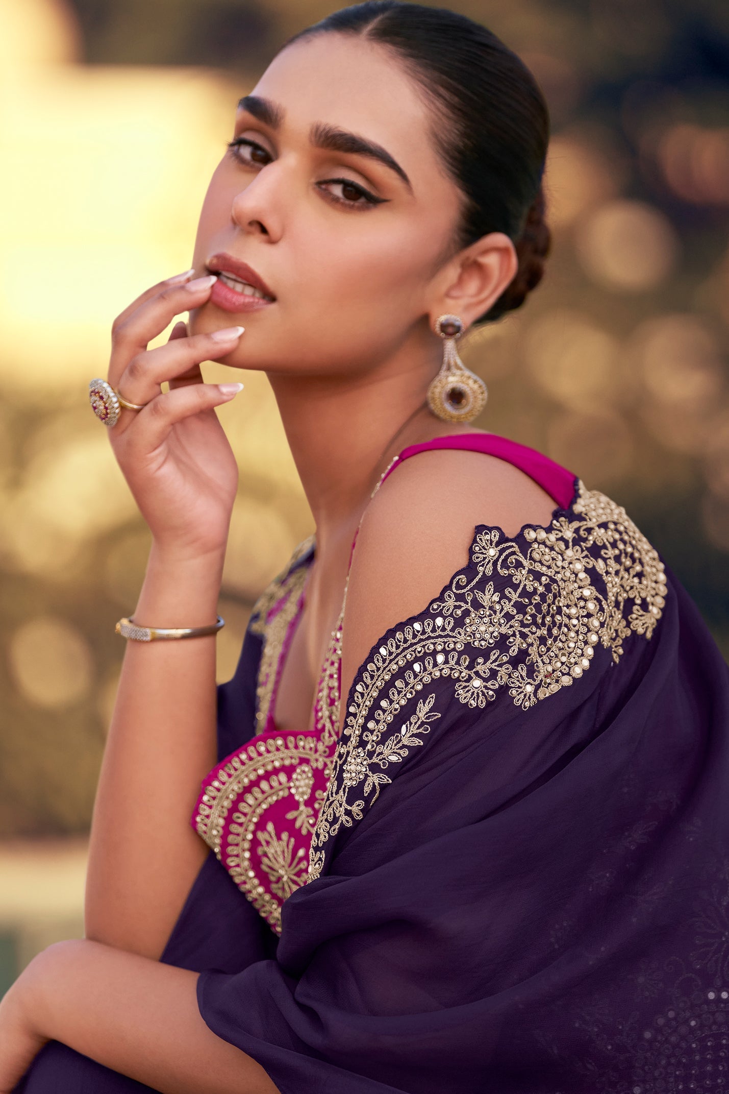 Purple Readymade Chinon Palazzo Set with Shrug-SS803_3_SareeButa.com