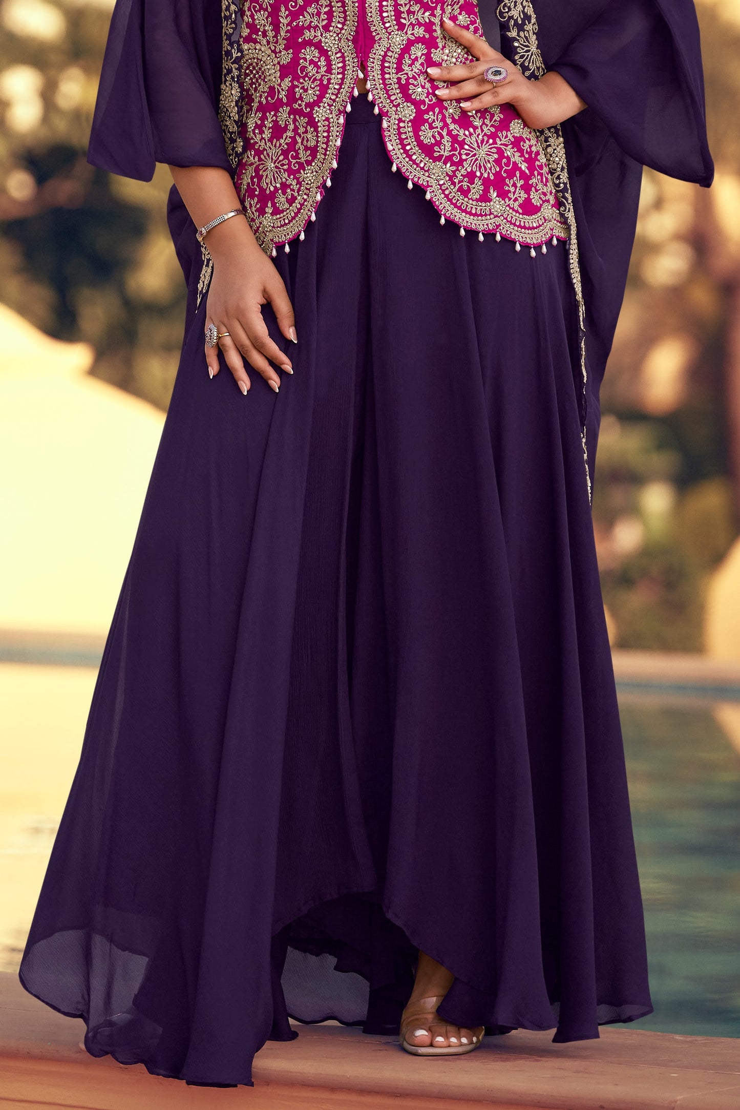 Purple Readymade Chinon Palazzo Set with Shrug-SS803_4_SareeButa.com