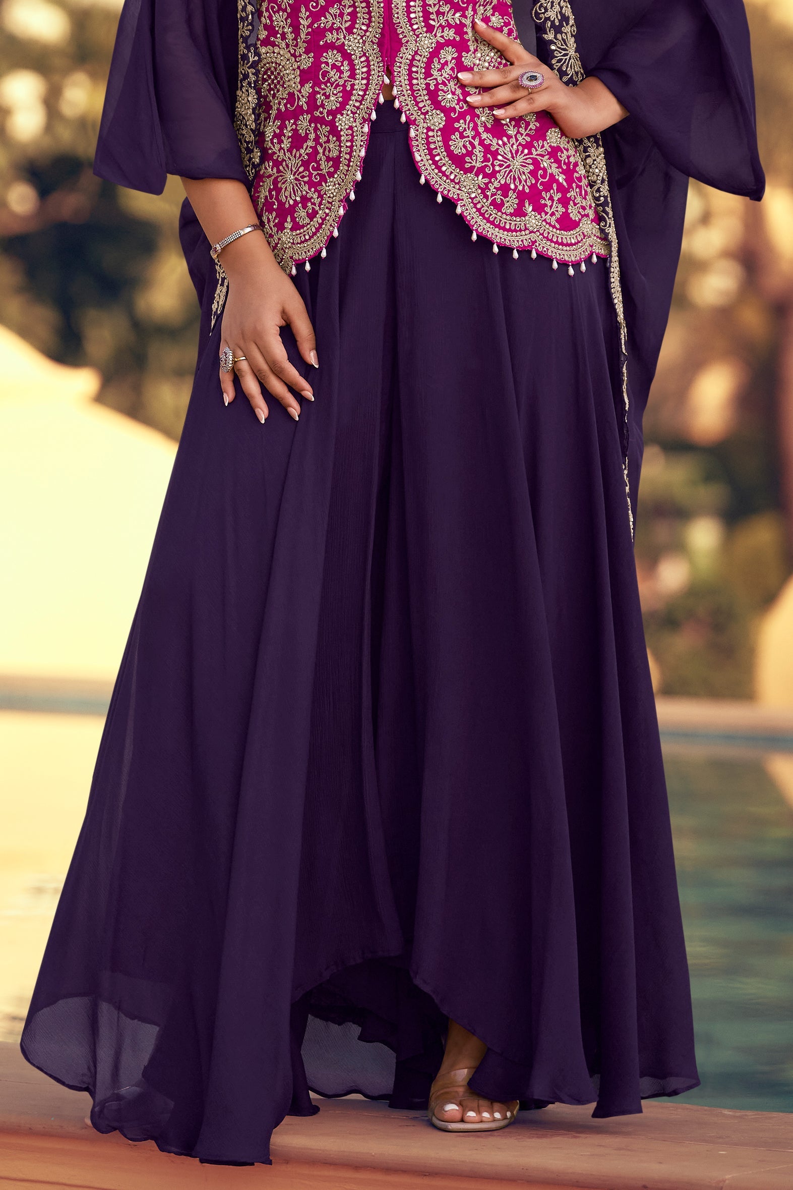 Purple Readymade Chinon Palazzo Set with Shrug-SS803_4_SareeButa.com