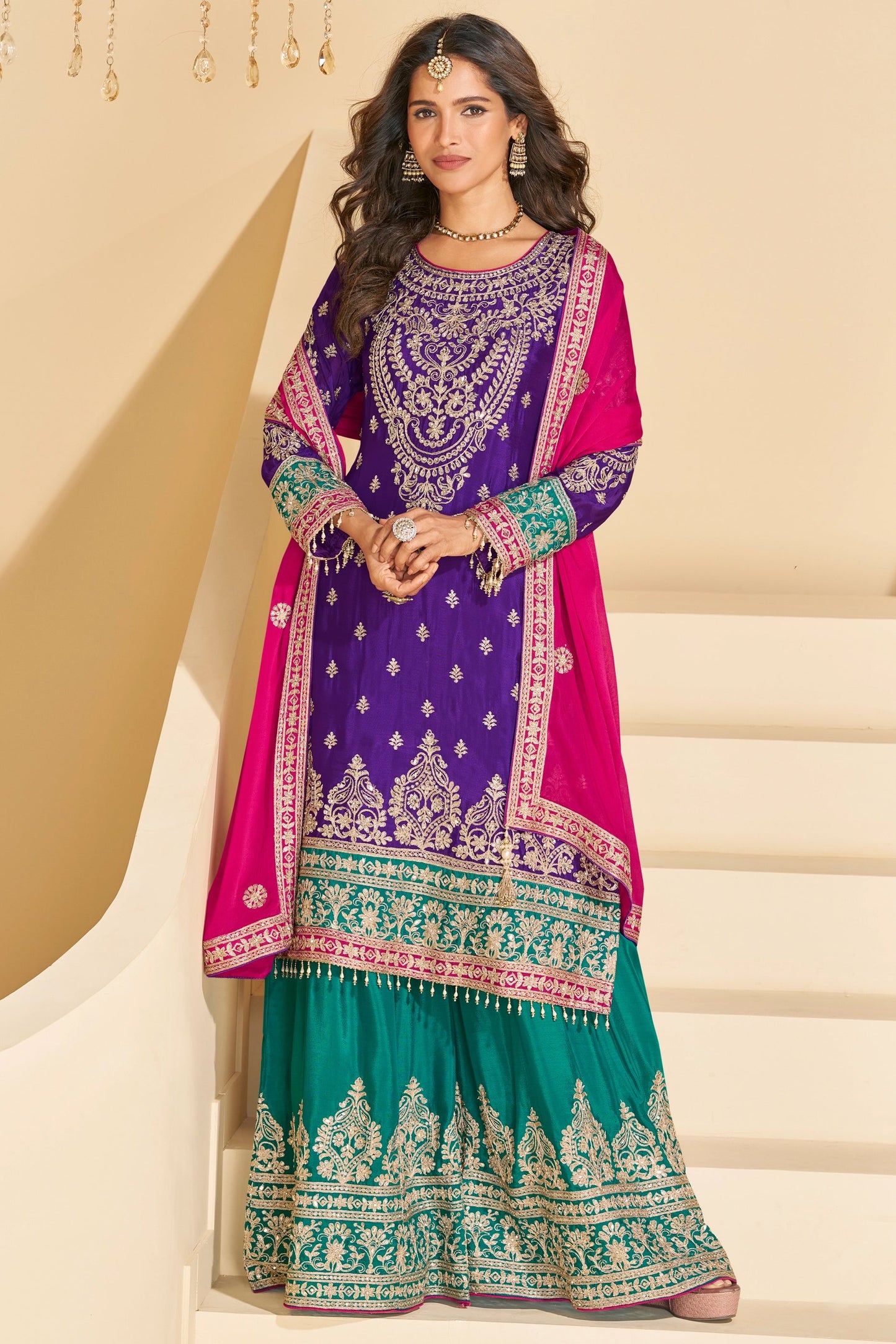 Purple Readymade Embroidered Chinnon Silk Suit-SAR10674_1_SareeButa.com