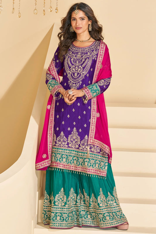 Purple Readymade Embroidered Chinnon Silk Suit-SAR10674_1_SareeButa.com