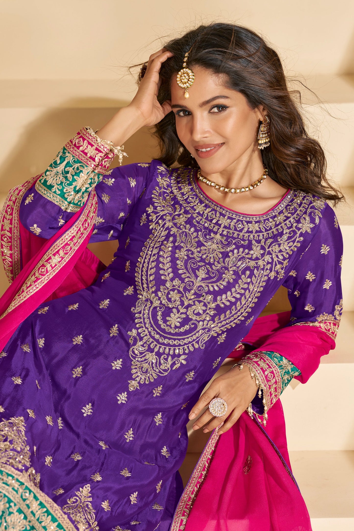 Purple Readymade Embroidered Chinnon Silk Suit-SAR10674_2_SareeButa.com