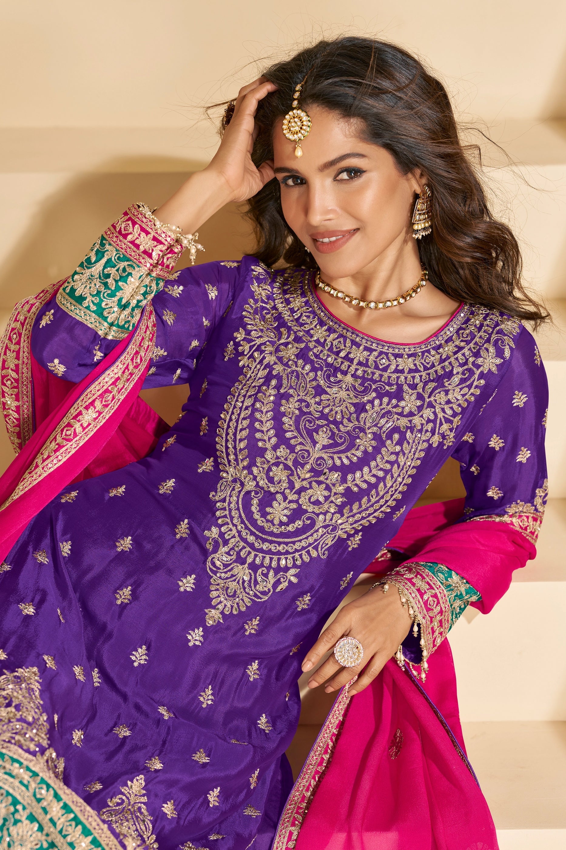 Purple Readymade Embroidered Chinnon Silk Suit-SAR10674_2_SareeButa.com