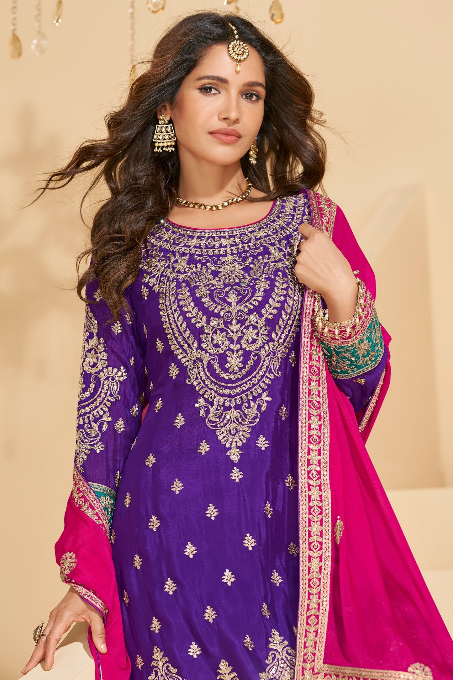 Purple Readymade Embroidered Chinnon Silk Suit-SAR10674_3_SareeButa.com