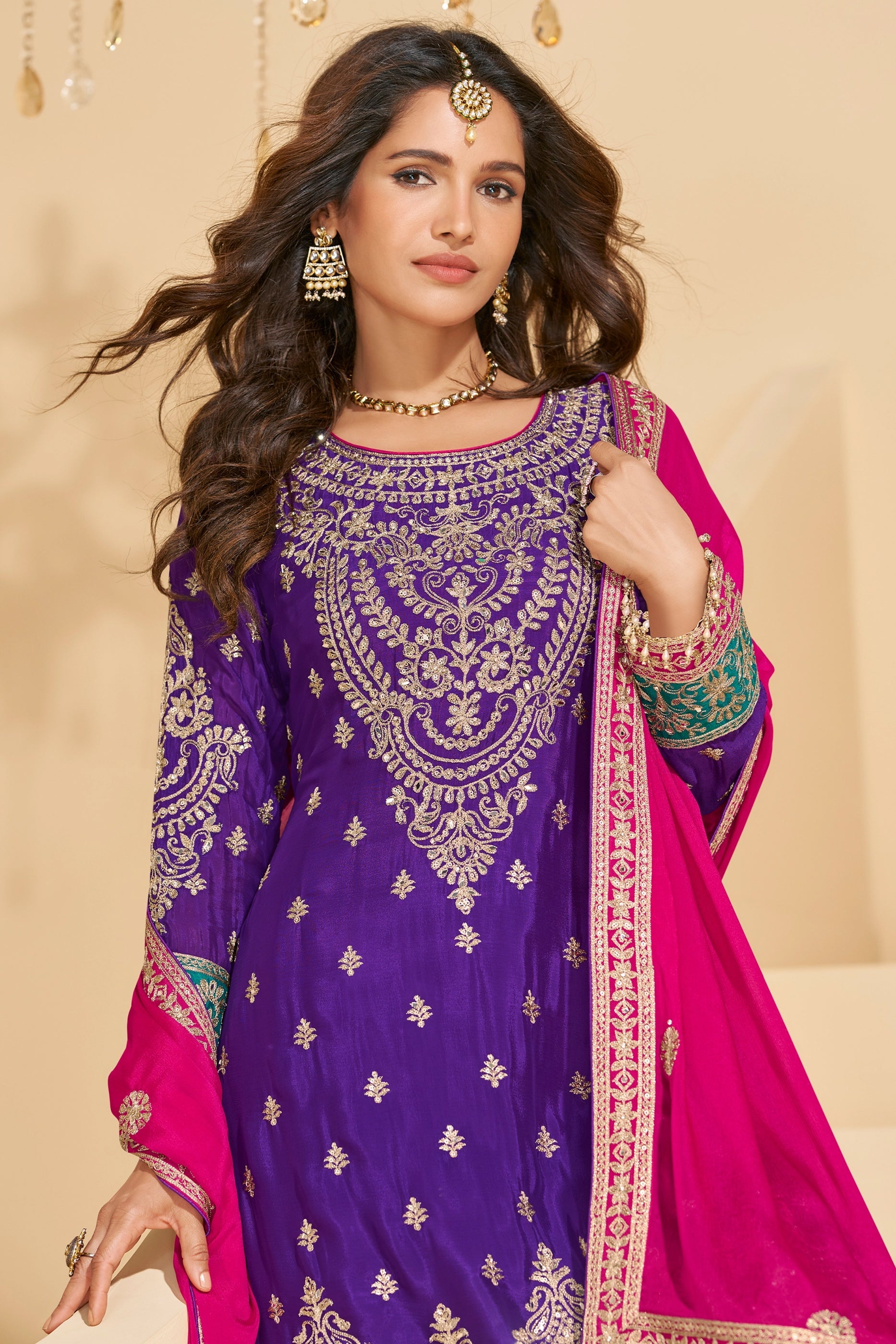 Purple Readymade Embroidered Chinnon Silk Suit-SAR10674_3_SareeButa.com