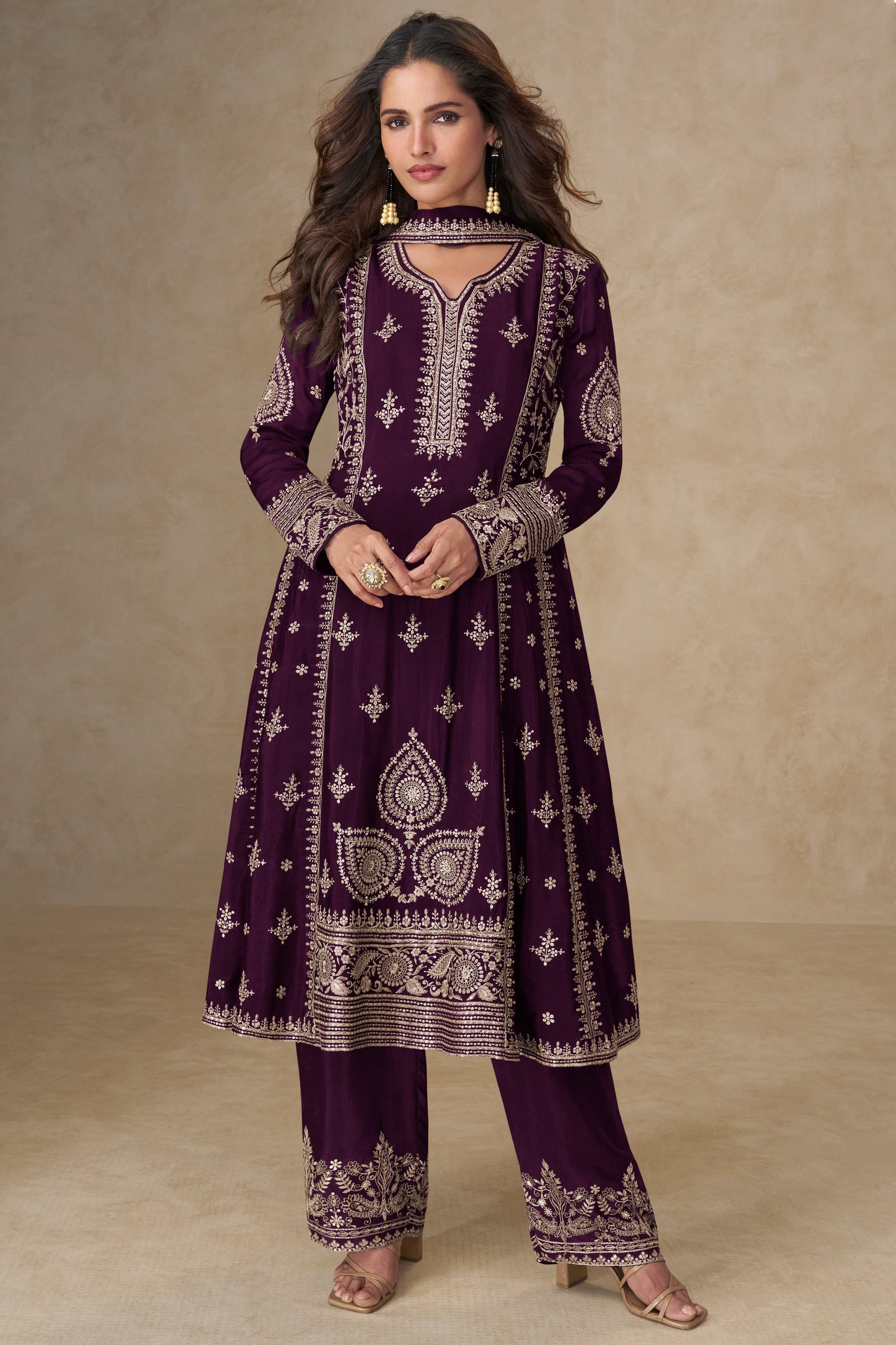 Purple Readymade Embroidered Chinon A-line Suit-SS751_1_SareeButa.com
