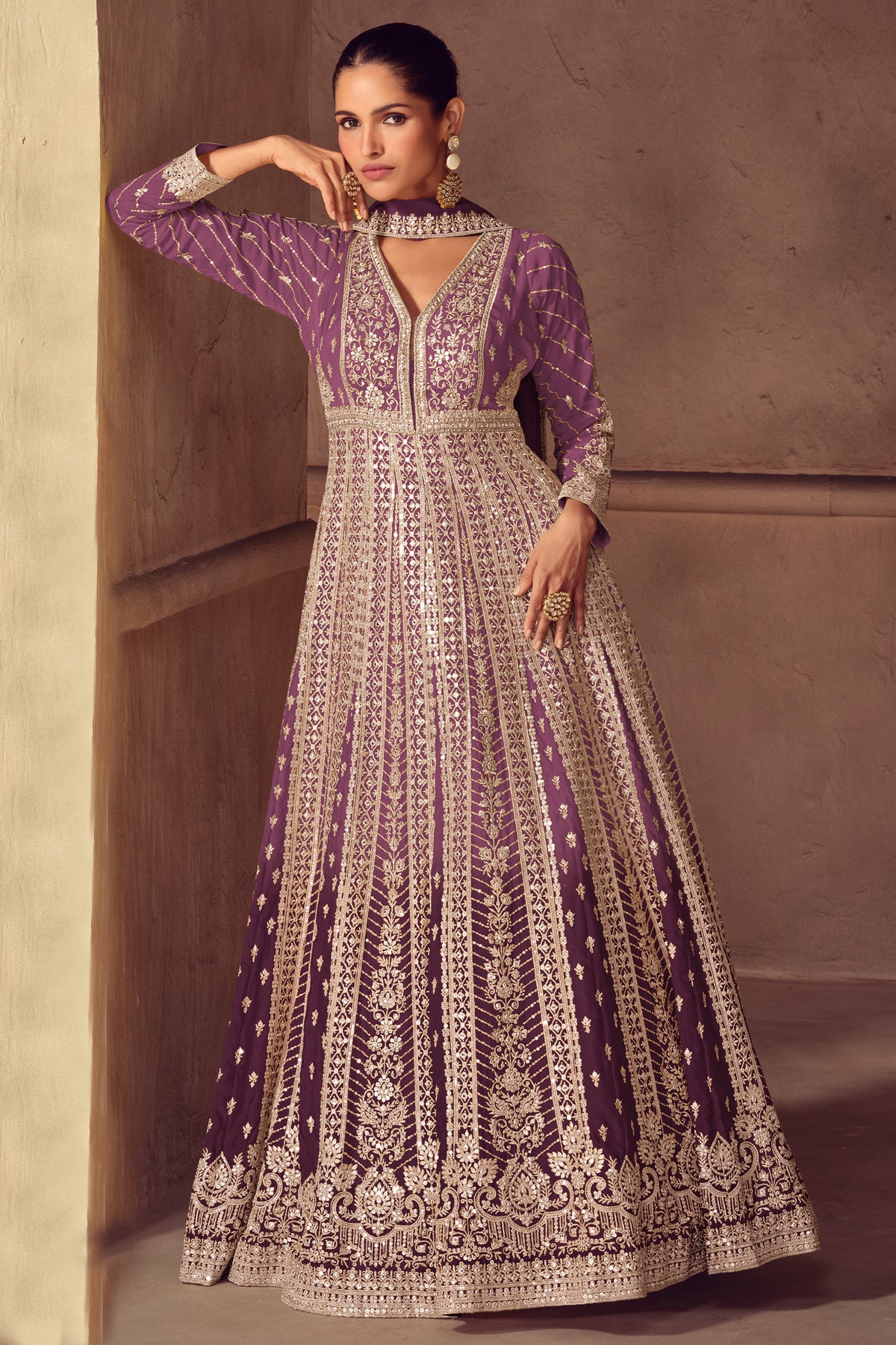 Purple Readymade Embroidered Chinon Gown with Dupatta-SAR13540_1_SareeButa.com